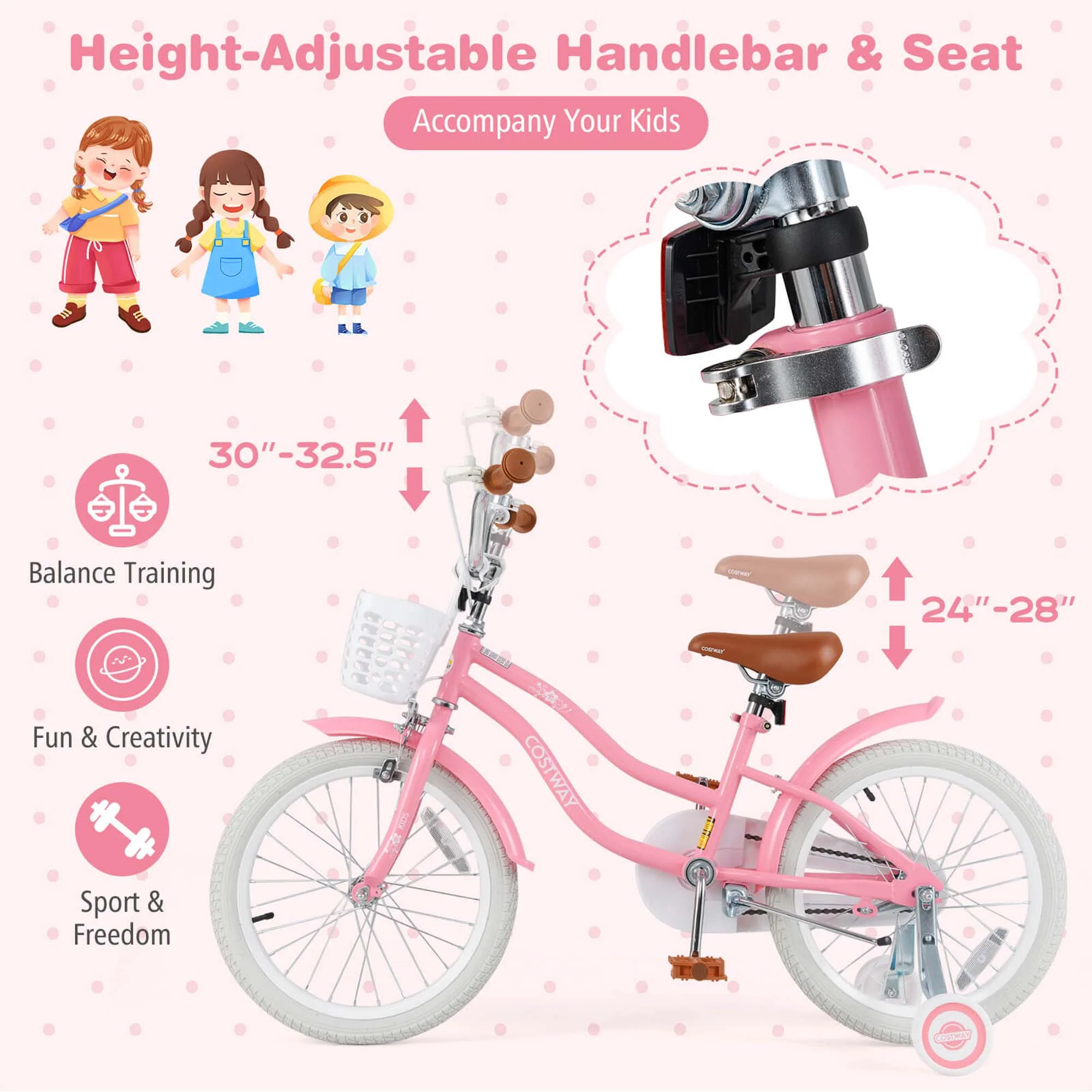 Costway 18'' Kids Bike Toddler Bicycle with Training Wheel Kickstand for 4-8 Years Old Pink