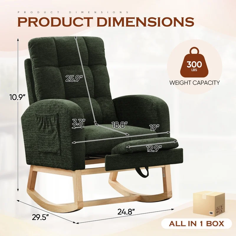 FFH Rocking Chair Nursery, Tufted Accent Rocker Chair, Upholstered Armchair with Adjustable Footrest, Side Pocket, High Backrest, Padded Seat, Polyester Blend (Retro, Dark Gray)