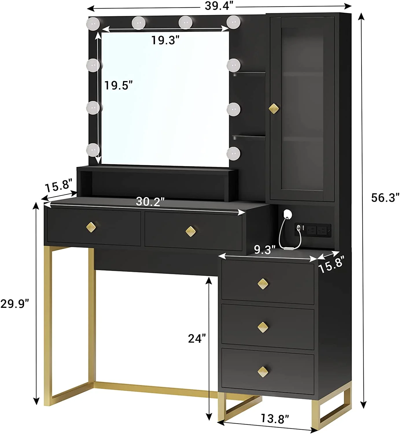 Afuhokles Large Makeup Vanity with Lights, Vanity Table with Charging Station Vanity Desk with Mirror and 10 LED Light Bulbs, 5 Drawers, White