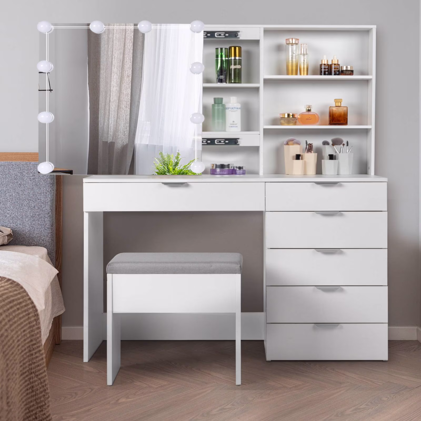 Ktaxon Vanity Set with 3 Color Lighted Mirror, Makeup Table with 6 Drawers, Dressing Table Makeup Desk with Stool,White