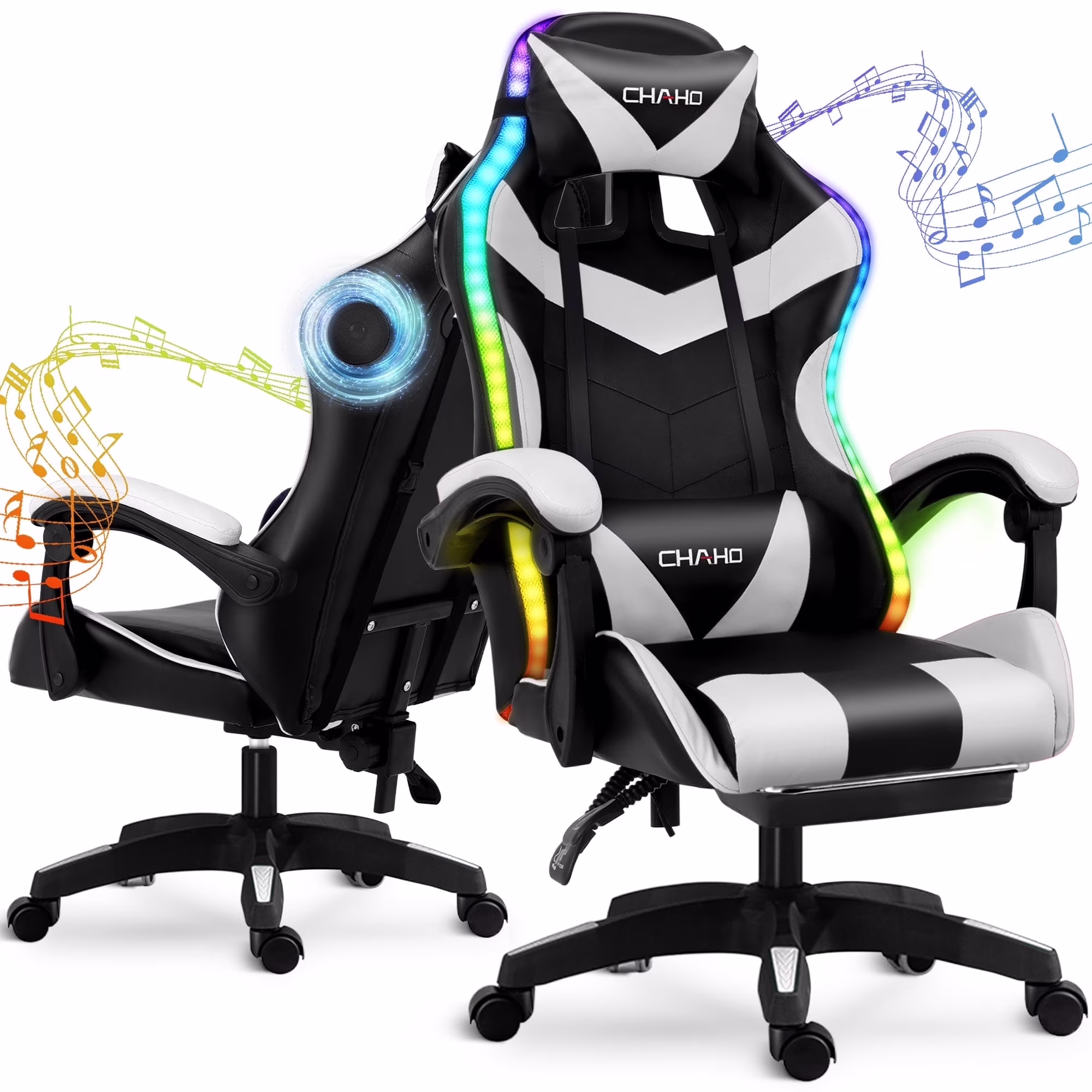 Ergonomic Gaming Chair, CHAHO Gaming Chair with Speaker & LED Lights, Computer Racing Chair for Adults, PU Leather Office Chair with Footrest Lumbar Support Headrest, Red