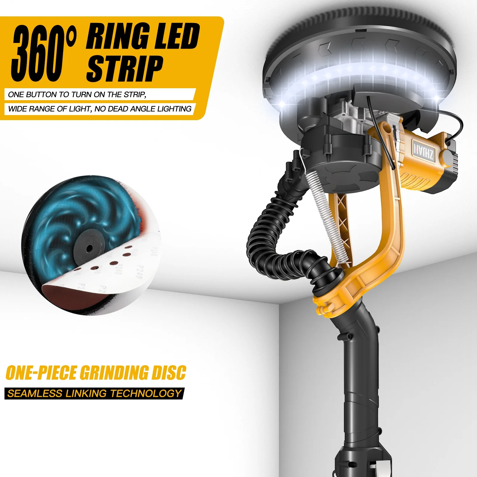 ZHJAN Electric Drywall Sander with Vacuum - Heavy Duty 880W, 5-Speed 1000-2100RPM, Extendable Handle, 12 Discs & Dust Bag, LED Light (59