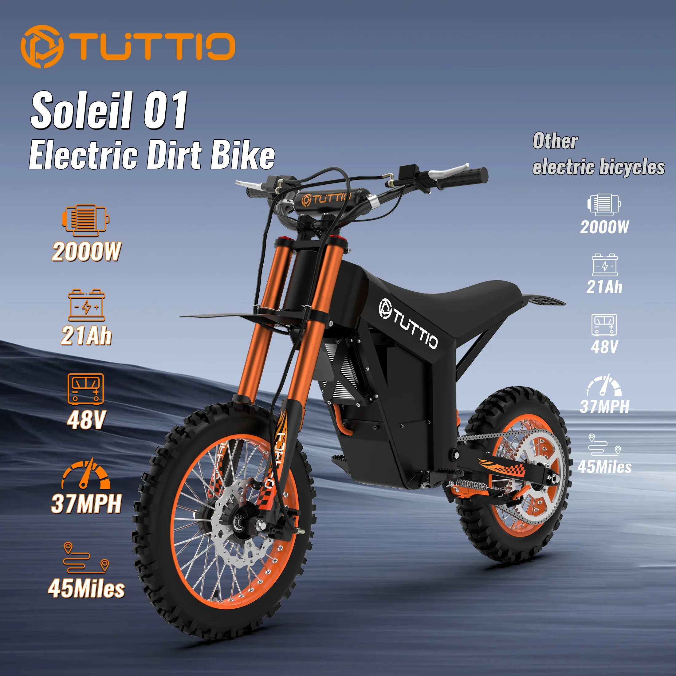 TUTTIO Soleil01 Electric Dirt Bike For Adults,48V 21Ah 200N.m,2000W Motor,Max 37Mph,Maximum Range 45 Miles,Dirt Bikes