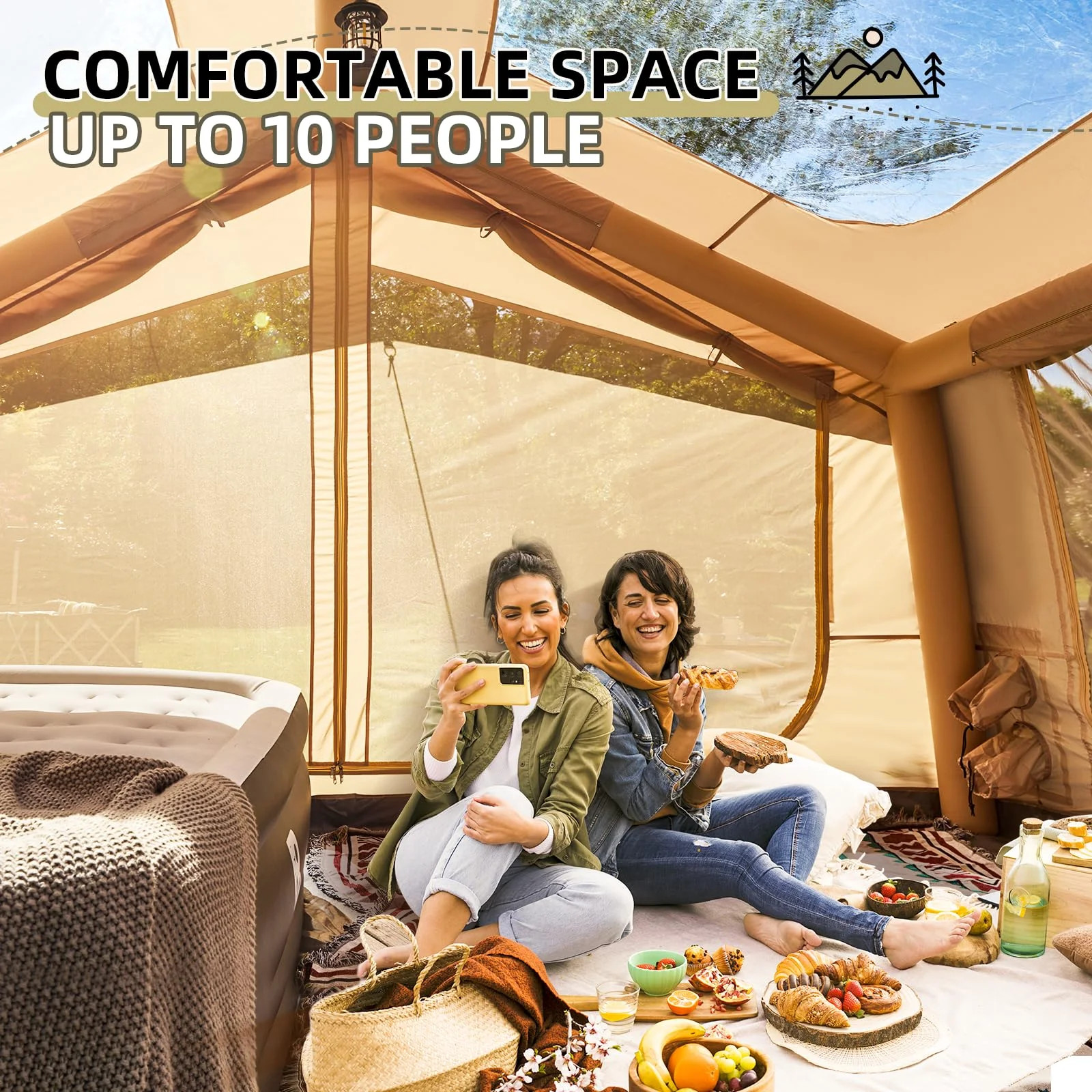 Yoleny 12'x8' Inflatable Tent, 96 SFT Blow Up Tent for Camping, 4 Season Oxford Glamping Tents with Clear Skylight, Pump & Stove Jack