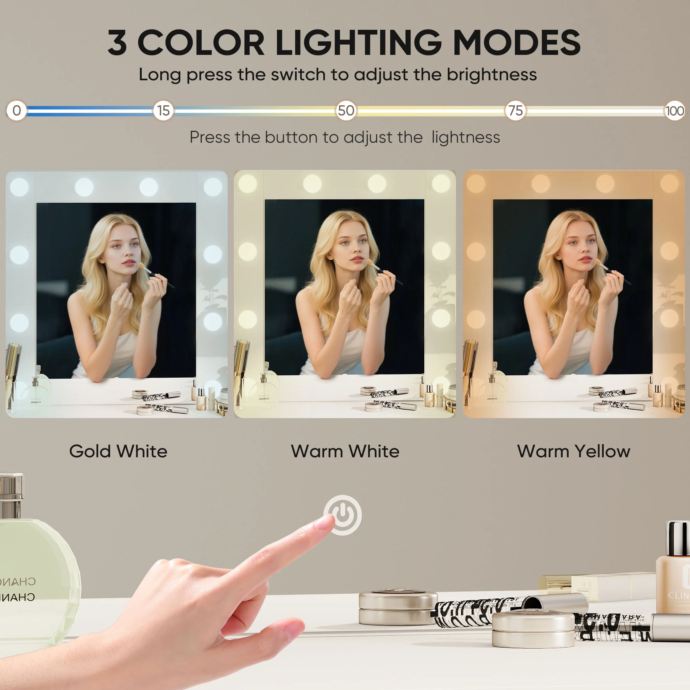 edx Vanity Desk with Mirror, Makeup Vanity Table with 3 Color Light Options Adjustable Brightness for Bedroom Dressing Room, White