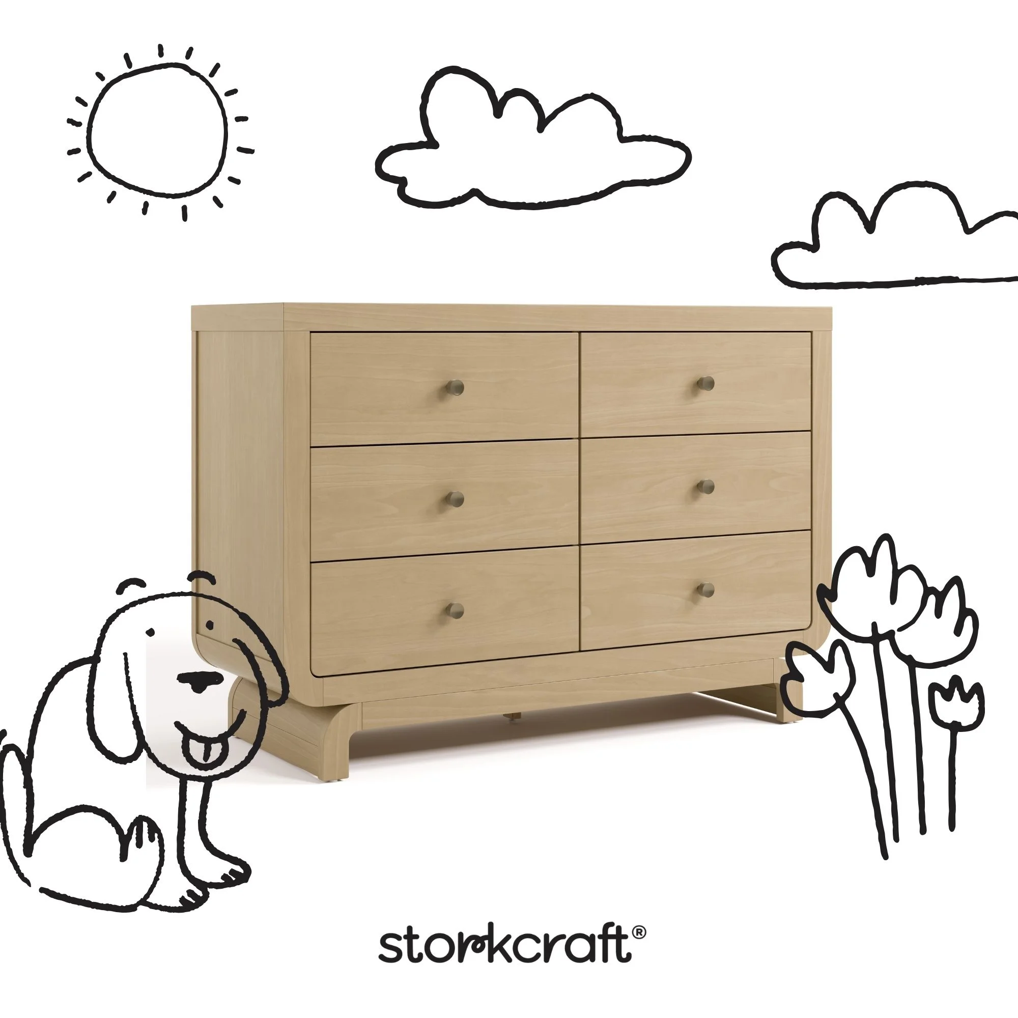 Storkcraft Santorini 6 Drawer Double Dresser, White/Driftwood