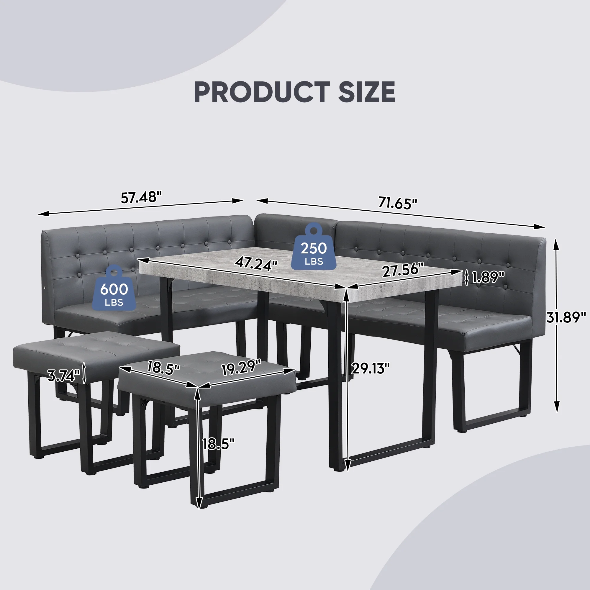 Brafab 5 Piece Corner Dining Breakfast Nook with Table and Bench Modern Kitchen Table Set with Gray Upholstered Banquette Seating