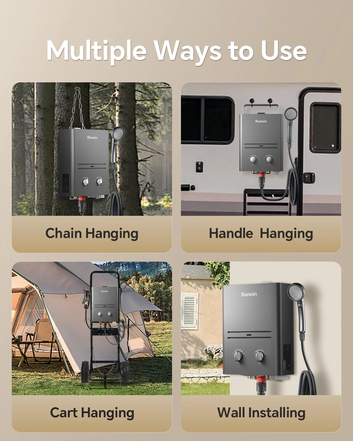 Ranein Tankless Water Heater Outdoor, 1.58 GPM Portable Propane Camping Water Heater, 6L, RO4KY, Grey