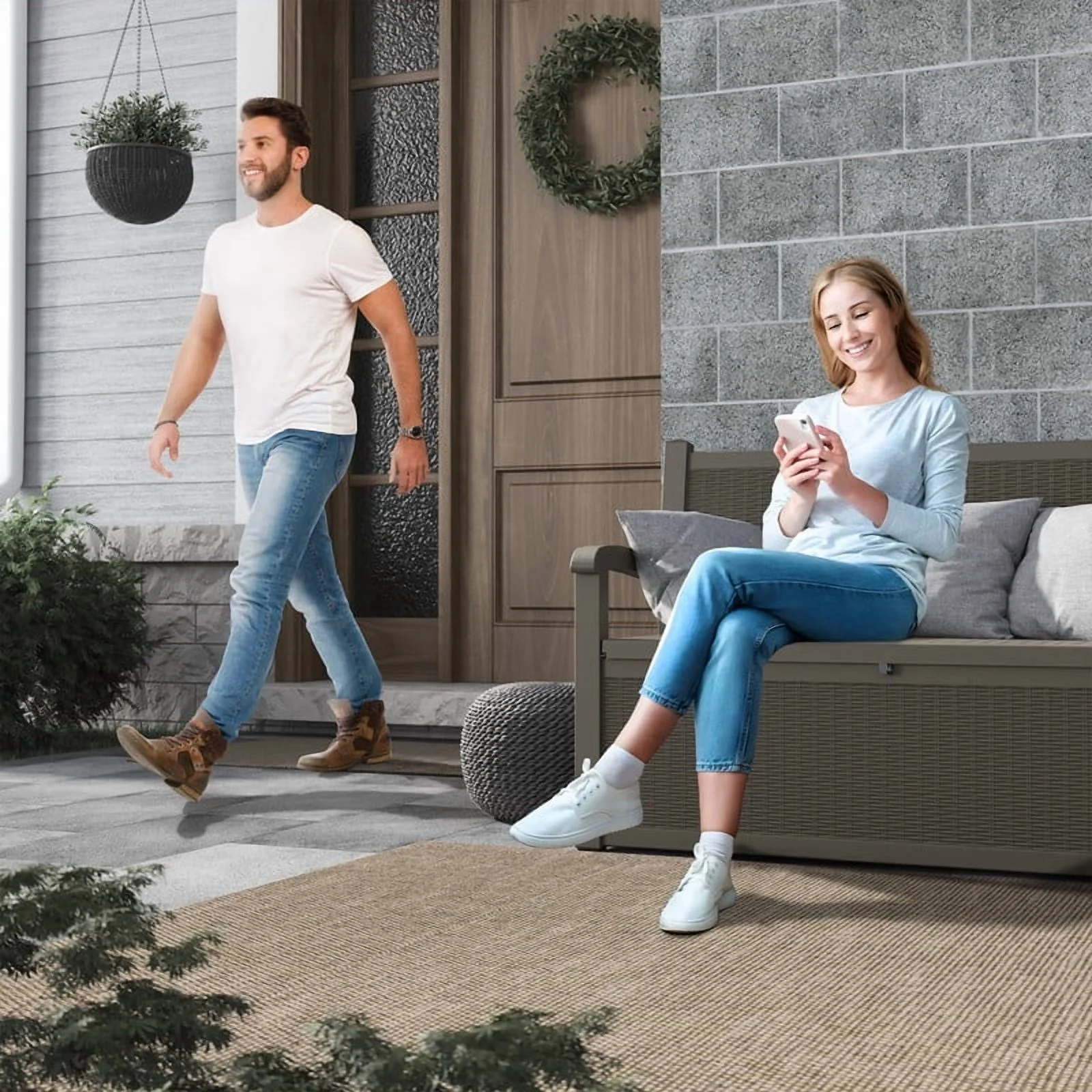 Bifanuo 70 Gallon Storage Bench Deck Box for Patio Furniture with Armrest Bench Outdoor Storage Water-Resistant Deck Box for Garden Tools,Pool Storage and Outdoor Cushions,Grey