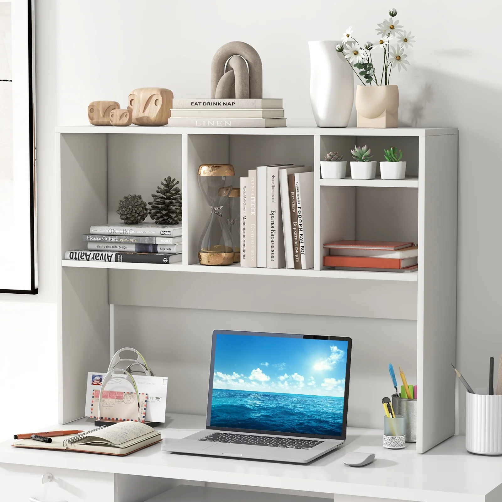 Giantex Desk Hutch, 2-Tier Desktop Organizer Shelf for Computer Desk, Wide Wooden Table Top Bookshelf, Countertop Storage Rack, White