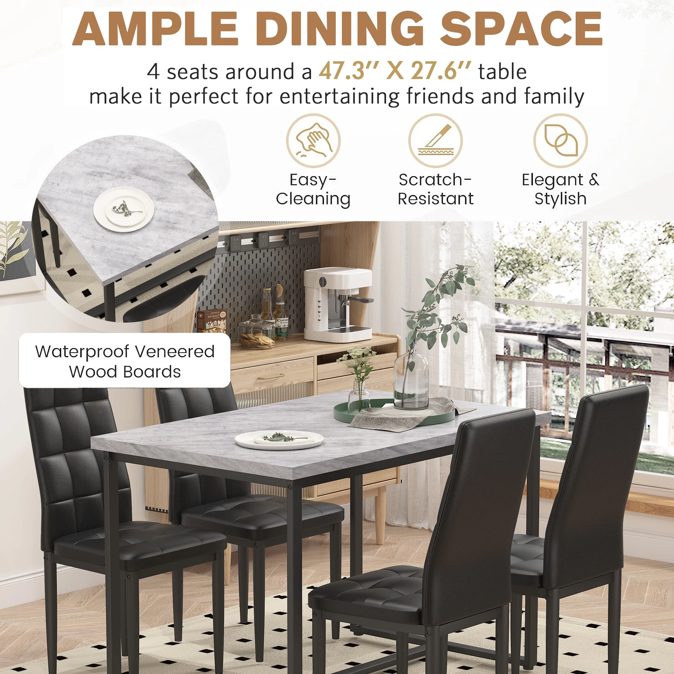 SEGMART Dining Table with 4 High-Back Upholstered Chairs, Modern Dinette Set, Dining Table & Chairs Set for 4 Persons, Small Home Kitchen Dining Table Set, Ideal for Apartment Breakfast Nook