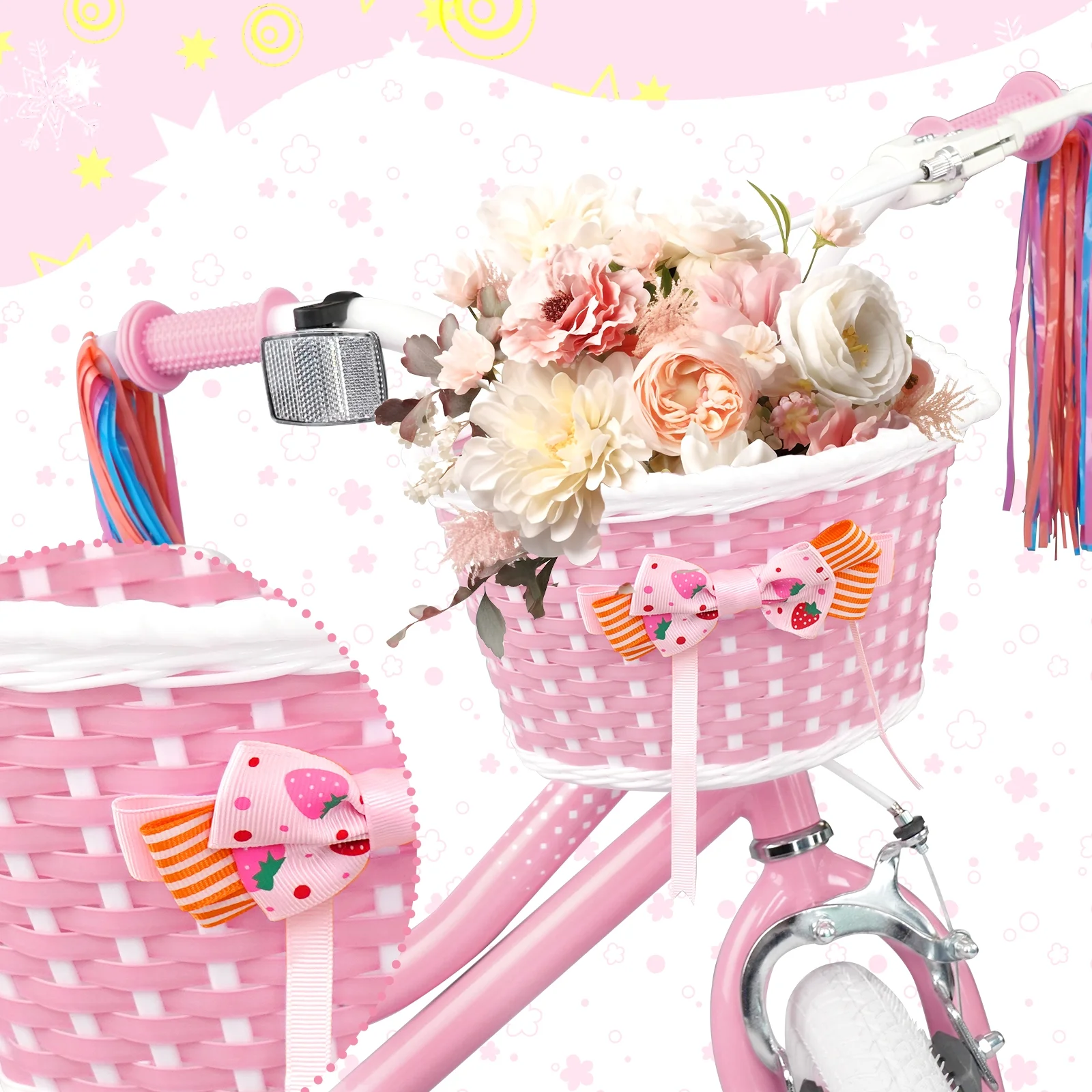 XJD Girls Bike for Toddlers 3-9 Years Old Kids, 14 Inch Kids Bike with Training Wheels, Streamers, Basket and Doll Seat, Children Bicycles with Handbrake