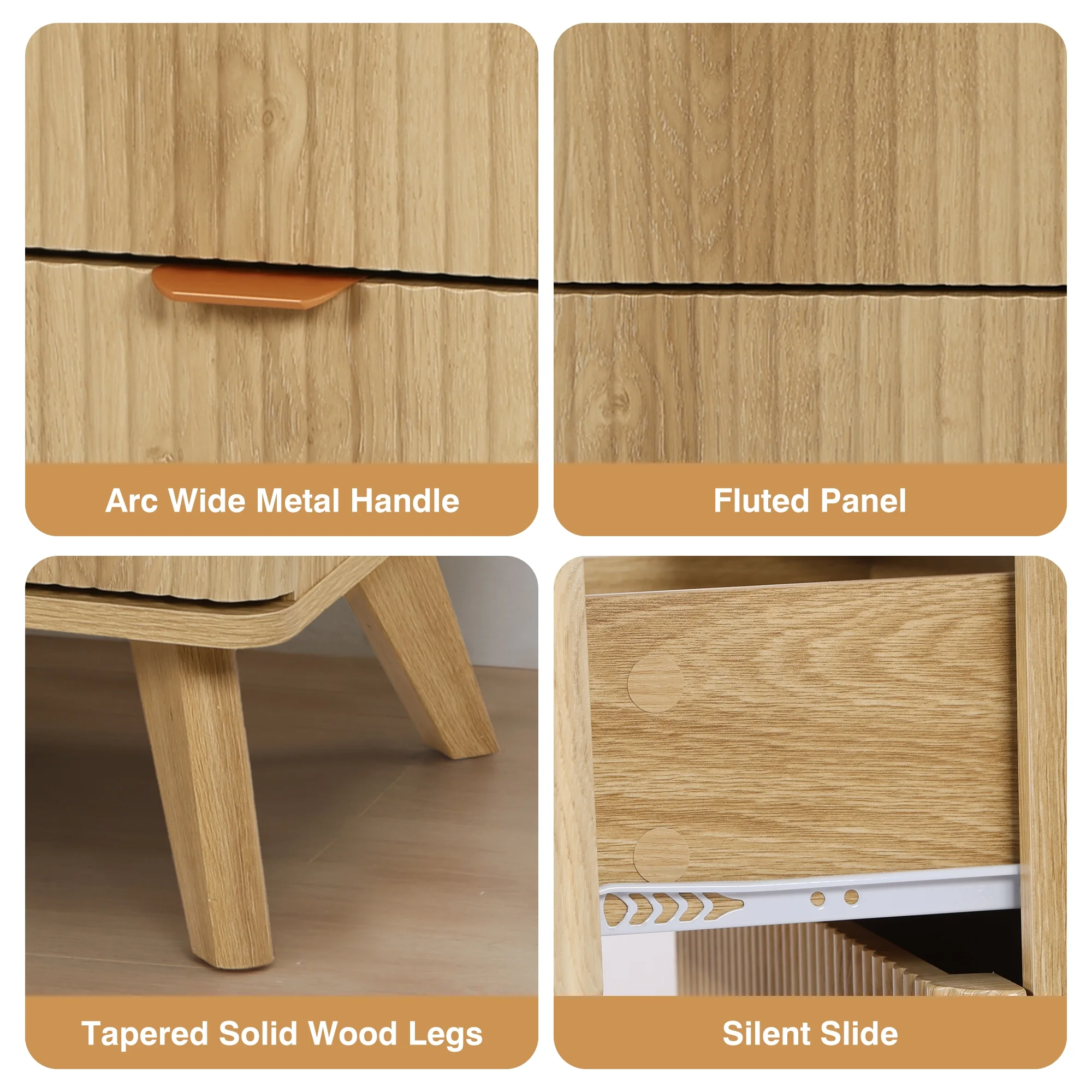 YOCWO Fluted Nightstand for Bedroom Set of 2 , Wood Bedside Table Set of 2 with Drawers, Black