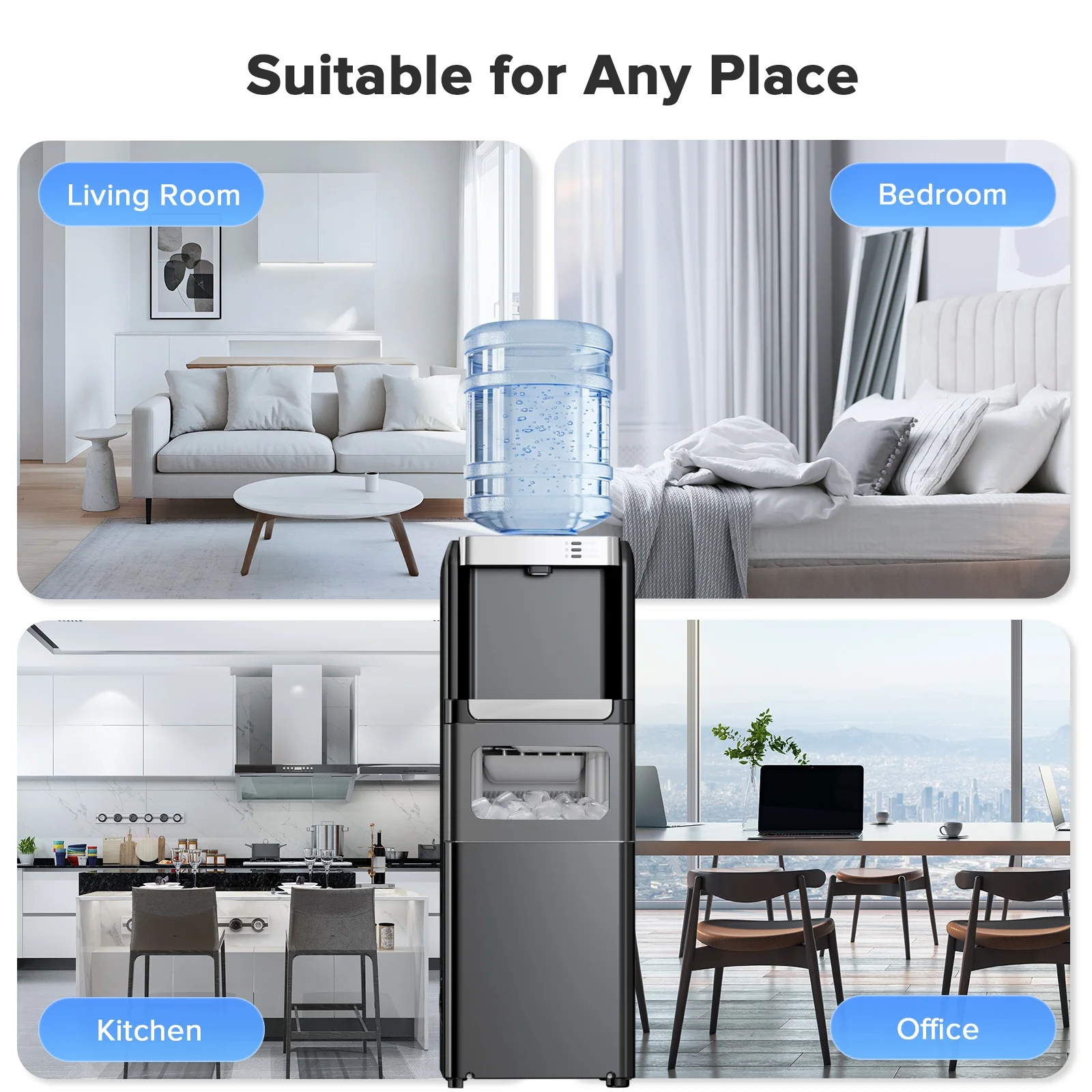 LHRIVER 2-5 Gallon Water Dispenser & 6-Min Ice Maker, 3-in-1 Hot/Cold/Ice, Child Lock & Energy-efficient, for Home/Office, Black