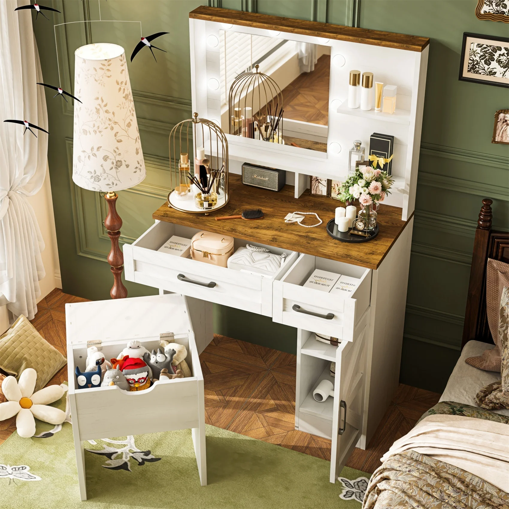 Alvantor Vanity Set Farmhouse Makeup Desk with Mirror and Lights, Adjustable Dressing Table with Stool White