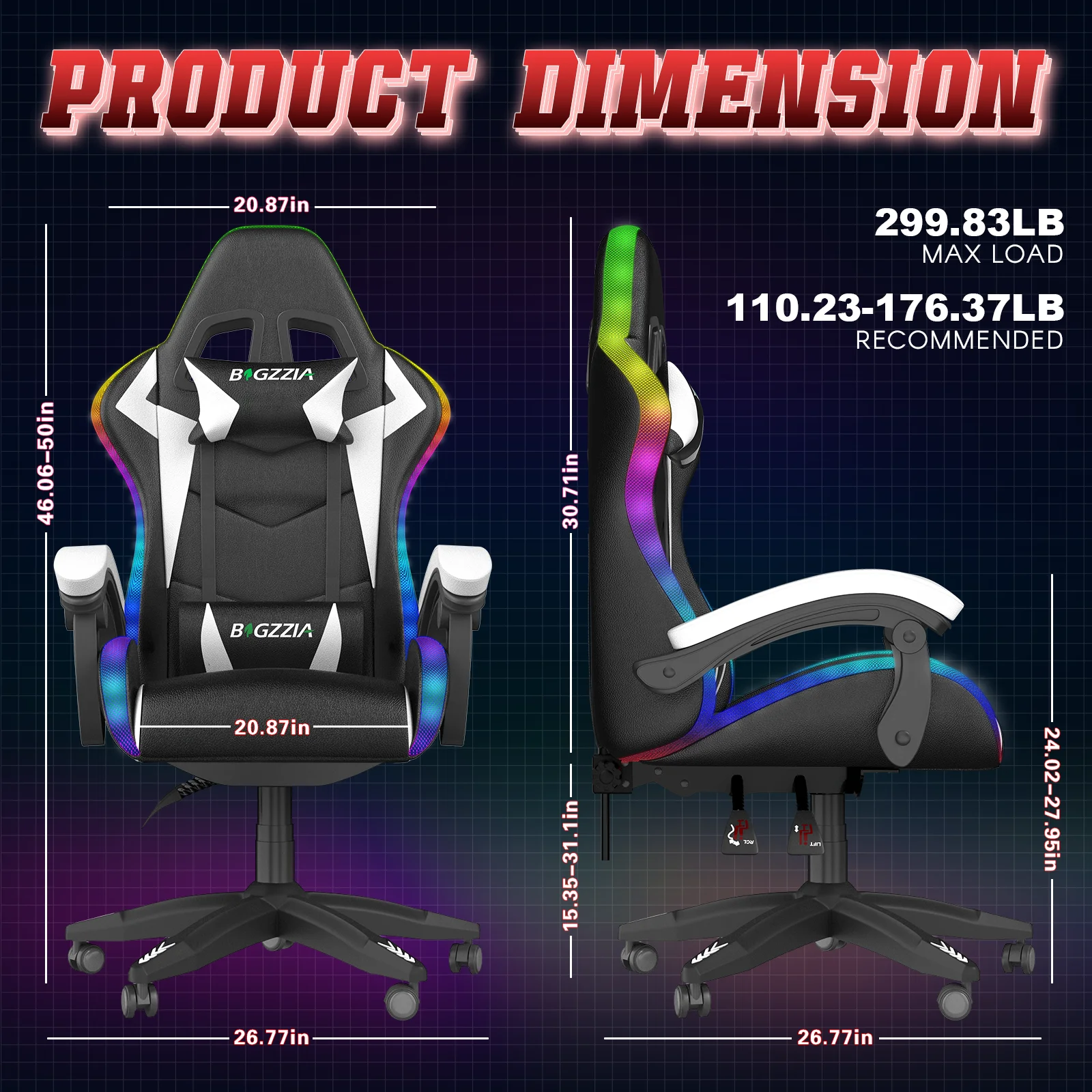 Bigzzia Gaming Chair with LED Lights Ergonomic Office Chair for Adults and Kids - Adjustable Height, 360�� Swivel, Headrest Support, Mesh PU Leather, Black & Green