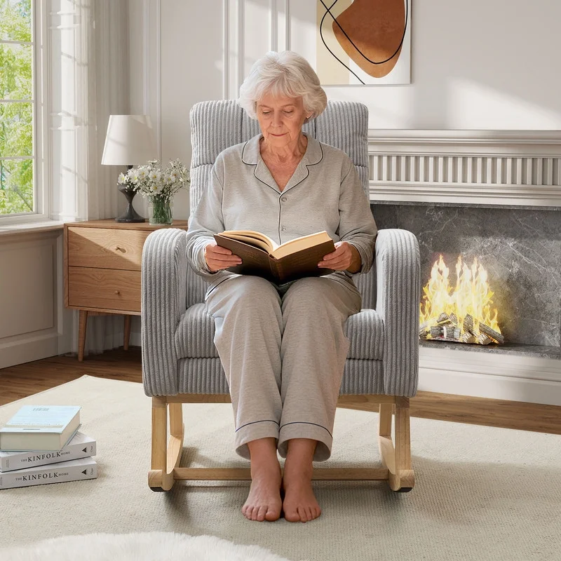 FFH Rocking Chair Nursery, Tufted Accent Rocker Chair, Upholstered Armchair with Adjustable Footrest, Side Pocket, High Backrest, Padded Seat, Polyester Blend (Retro, Dark Gray)