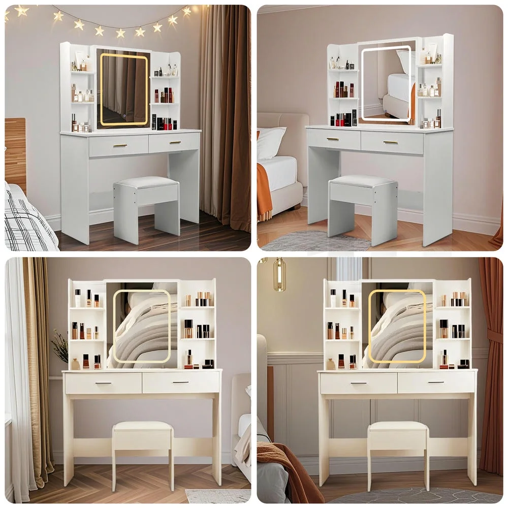 Kadyn Vanity Desk with Lighted Mirror, Vanity Table and Chair Set with 2 Drawers, Dressing Table Makeup Desk with 1 Door, Retro Gray