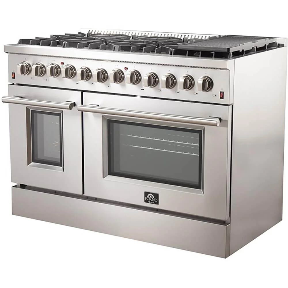 Forno Galiano 48-Inch Freestanding Dual Fuel Range, 8 Burners, Double Convection Ovens