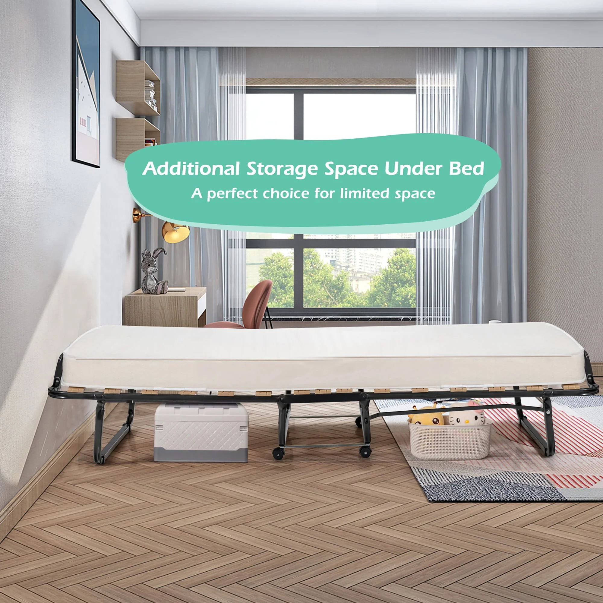 Gymax Portable Rollaway Guest Bed Folding Bed w/ Mattress Memory Foam & Dustproof Cover