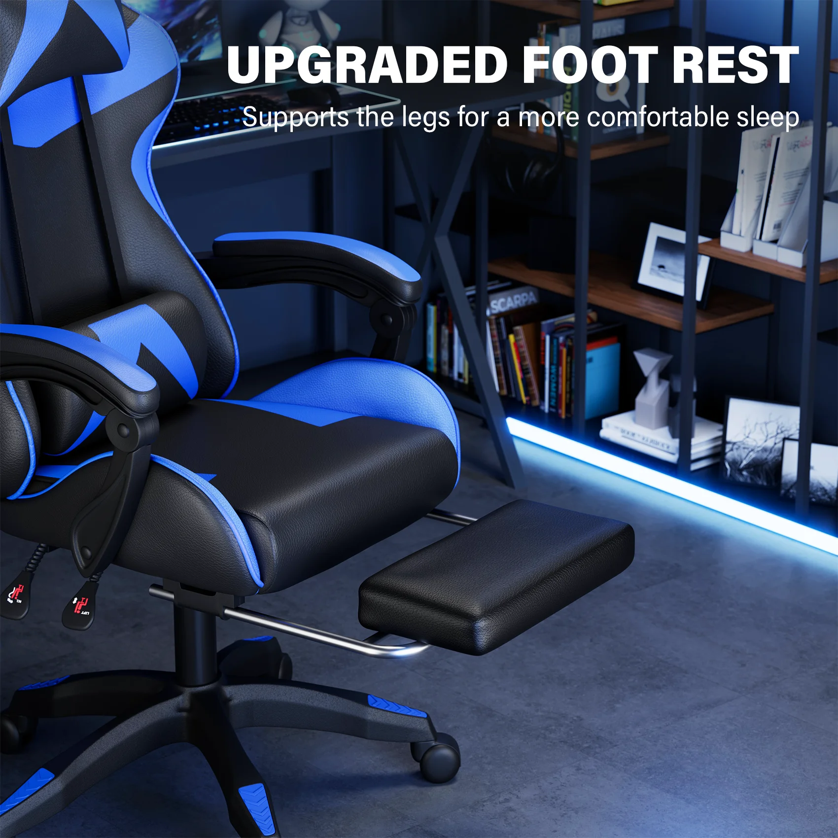 Mr IRONSTONE Office Gaming Chair with Footrest & Lumbar Support, Ergonomic Adjustable Computer Chair with Swivel Seat & Headrest, Blue