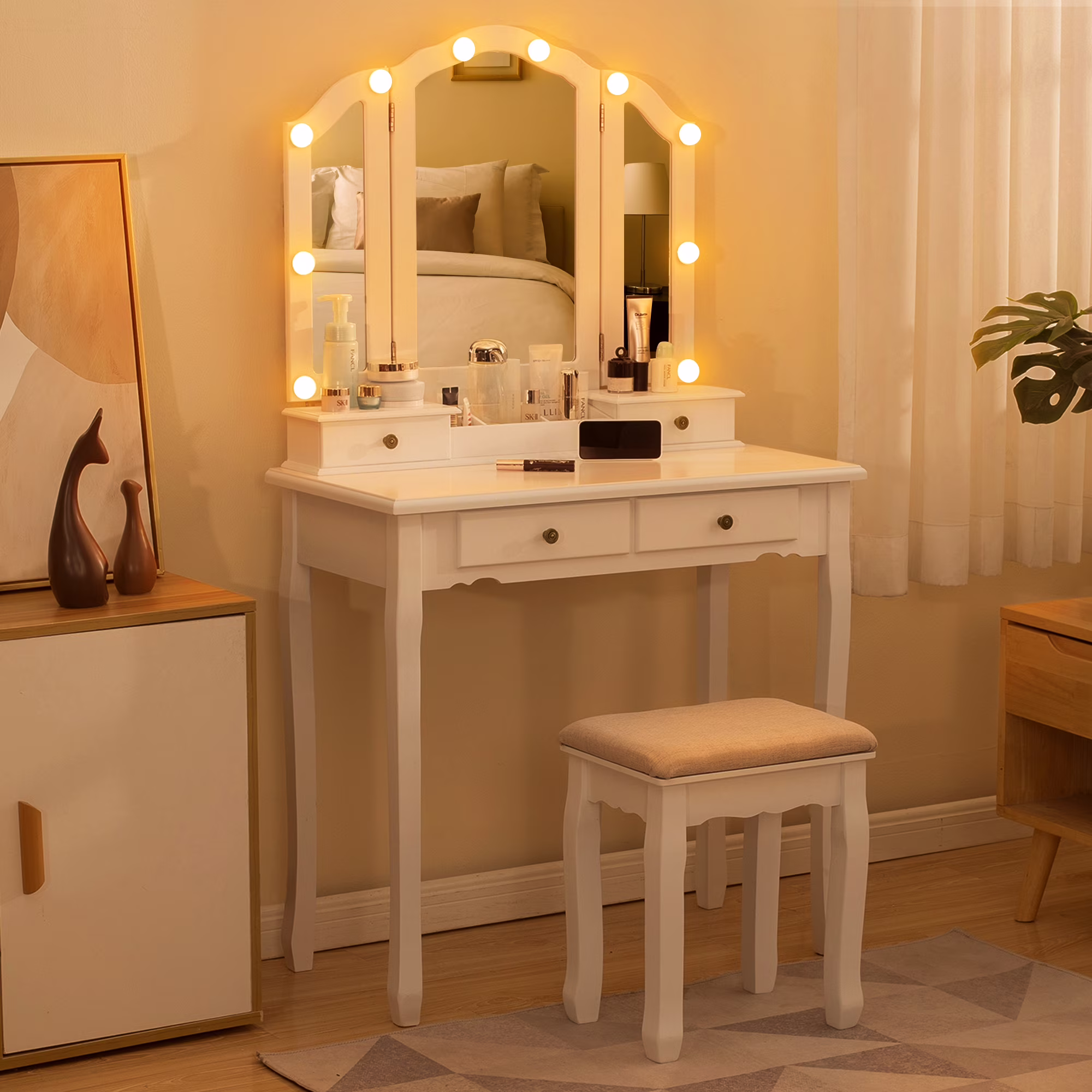 LilyFantasy Makeup Vanity with Lights, Vanity Desk with Cushioned Stool, Tri-fold Vanity Table Set with 4 Drawers, 3 Adjustable Light Modes, 2 Brush Slots, 2 Open Compartments for Girls, Women, White