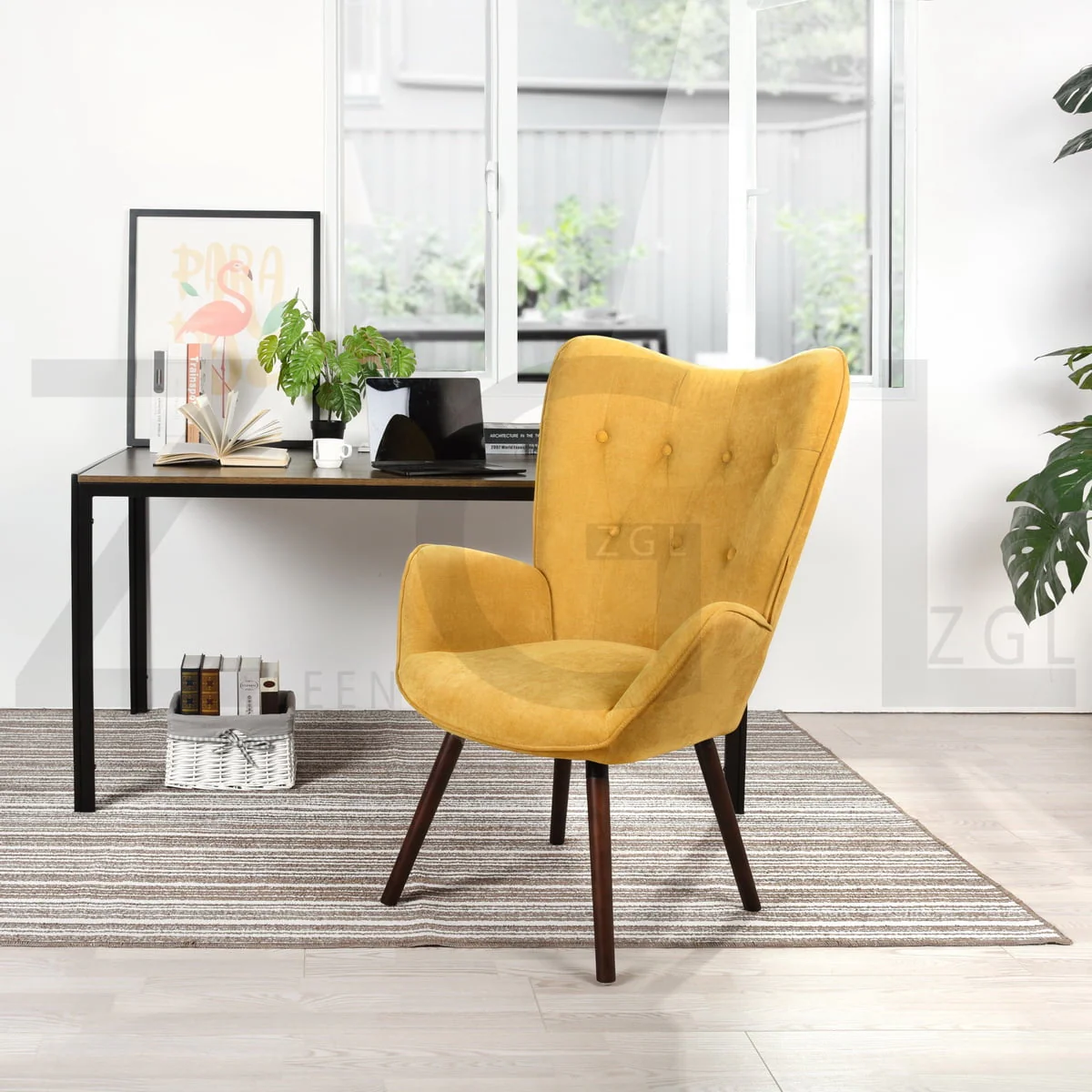 Homy Casa Accent Chair for Living Room Armchair, Upholstered Fabric Side Chair with Wooden Legs, Yellow
