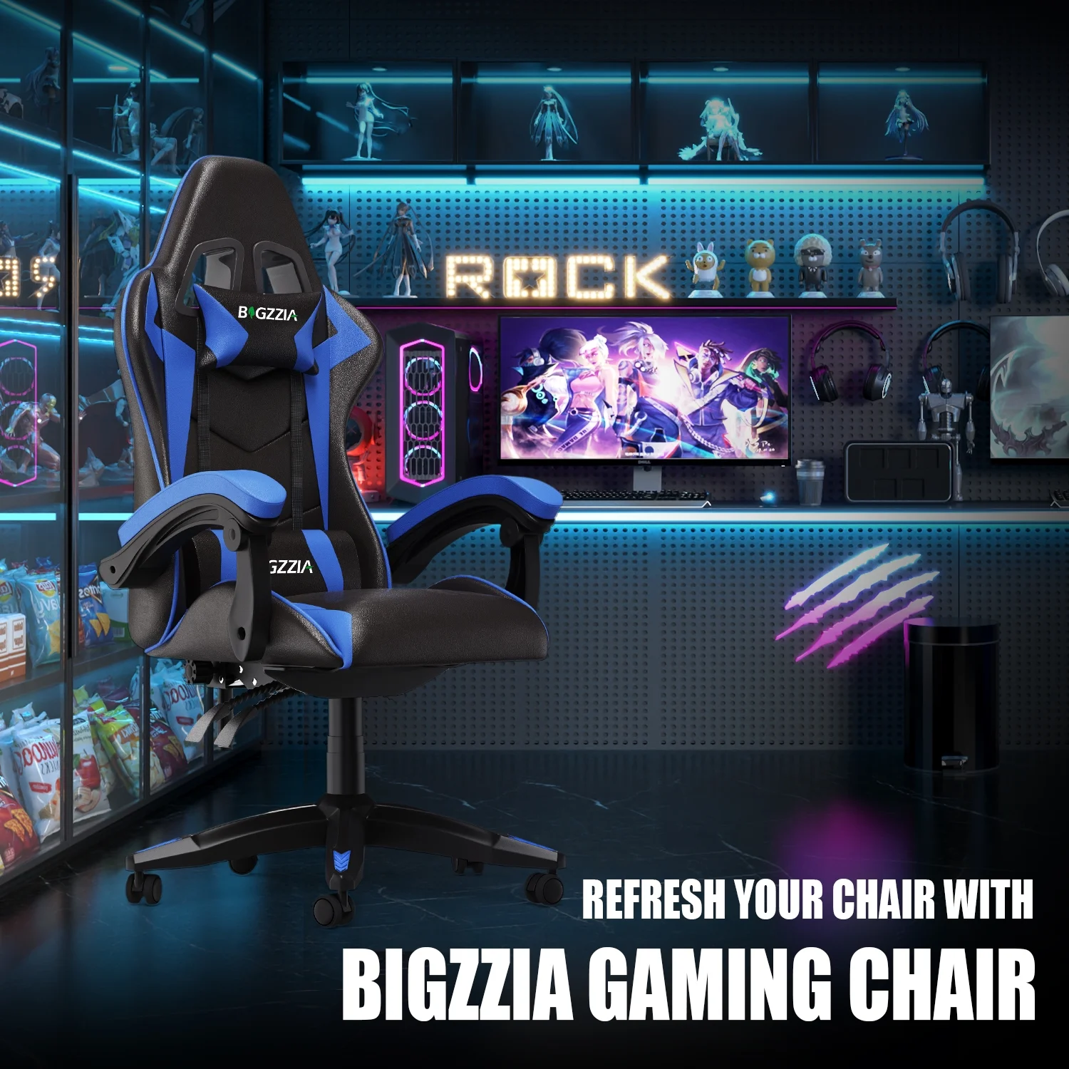 Bigzzia Gaming Chair Office Chair, Ergonomic Game Chair with Height Adjustable Headrest and Lumbar Support for Adults Teens, Black & White
