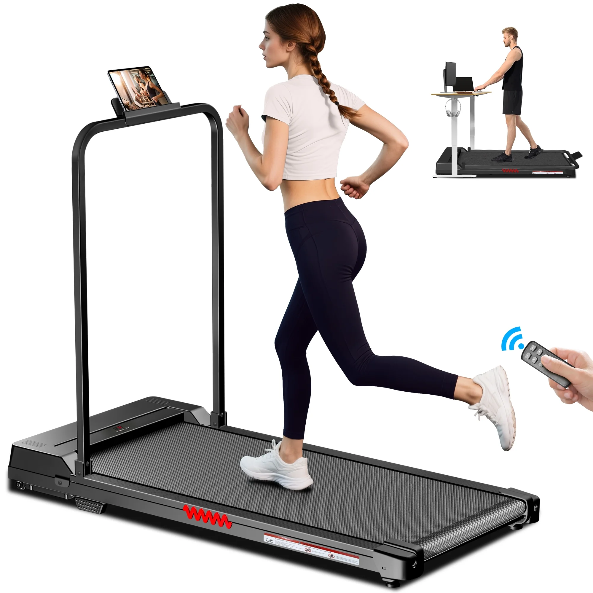 2 in 1 Walking Pad Treadmill, Foldable Treadmills with Handle Bar, 2.5HP Portable Folding Treadmill with Remote Control, Under Desk Treadmill for Home Office, 300lbs, Black