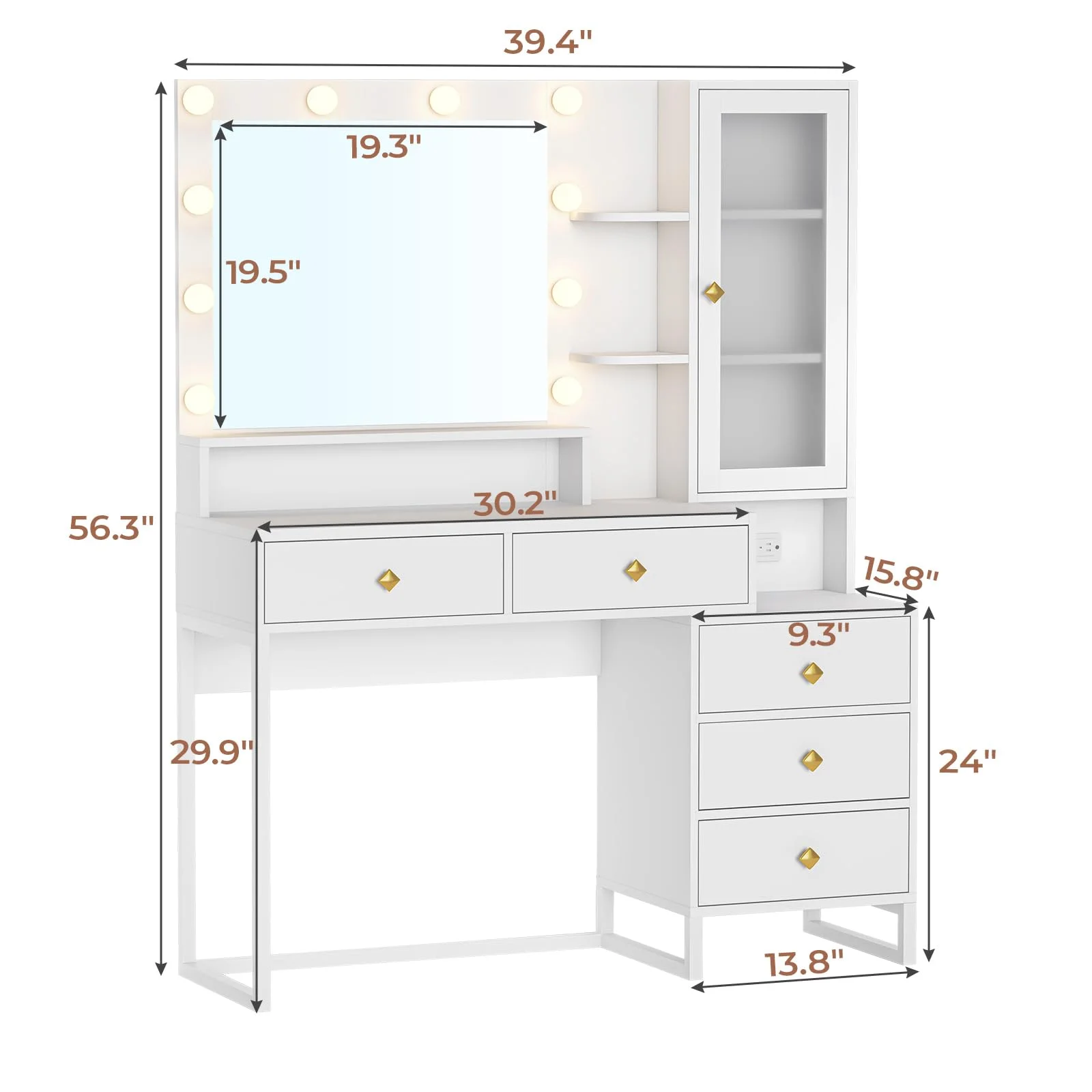 Afuhokles Large Makeup Vanity with Lights, Vanity Table with Charging Station Vanity Desk with Mirror and 10 LED Light Bulbs, 5 Drawers, White