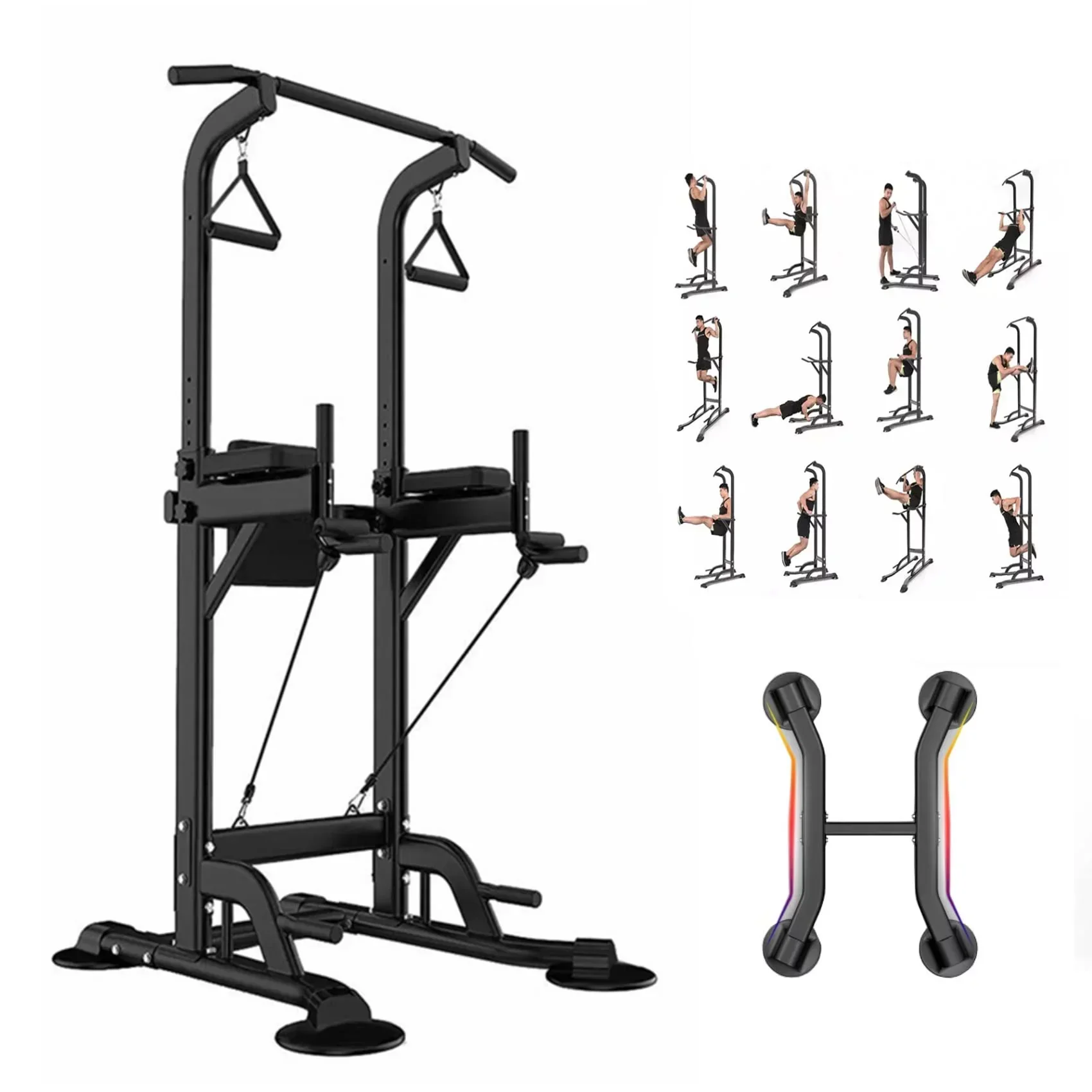 PROHIKER Power Tower Dip Station, Pull Up Bar Stand Power Rack with Backrest and Resistance Band, Height Adjustable Strength Training Equipment for Fitness Home Workout, Black