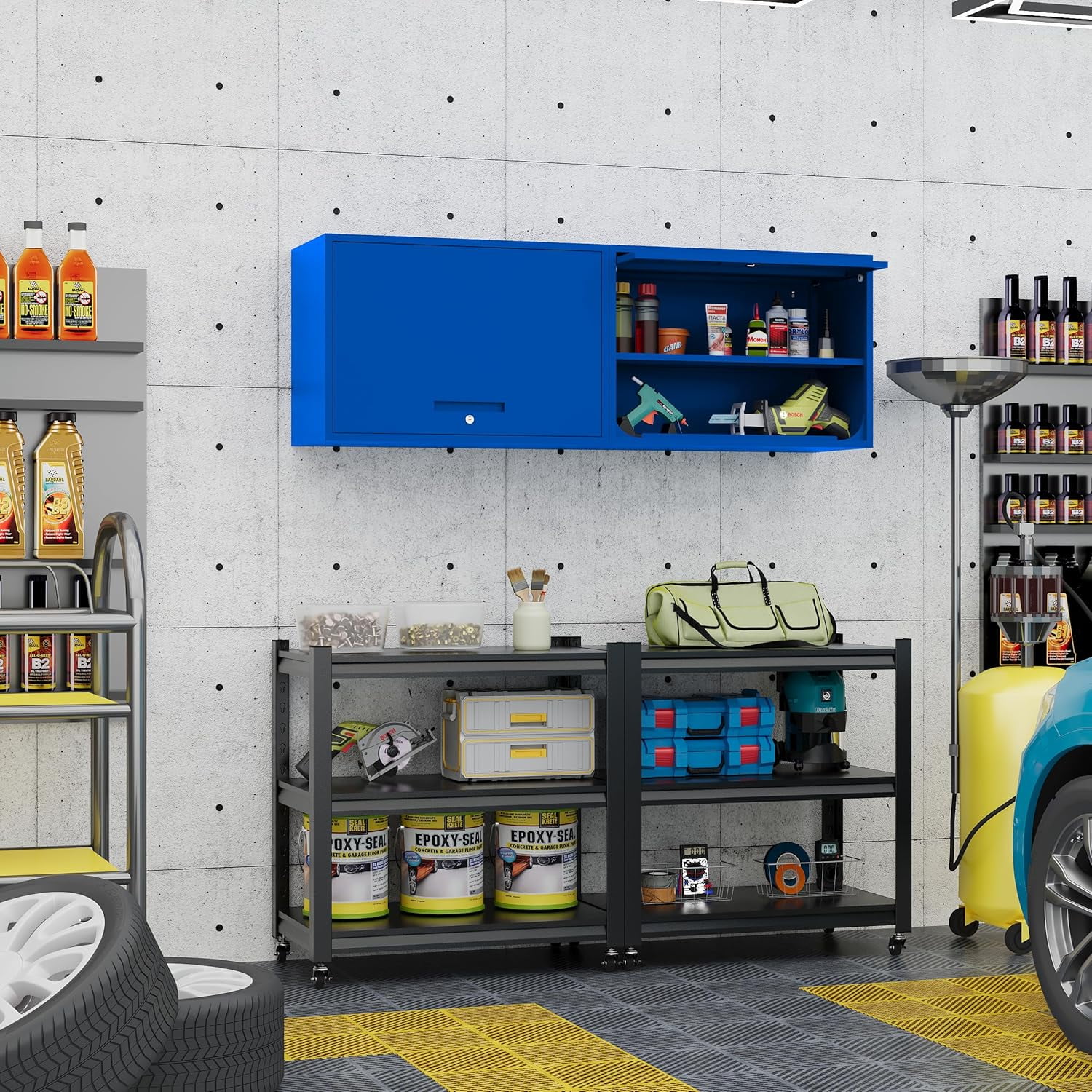 Metal Storage Cabinet Blue Wall Cabinets with Shelf and Locking Door - Wall Mounted Storage Cabinet for Garage Warehouse Home Office - Assembly Required