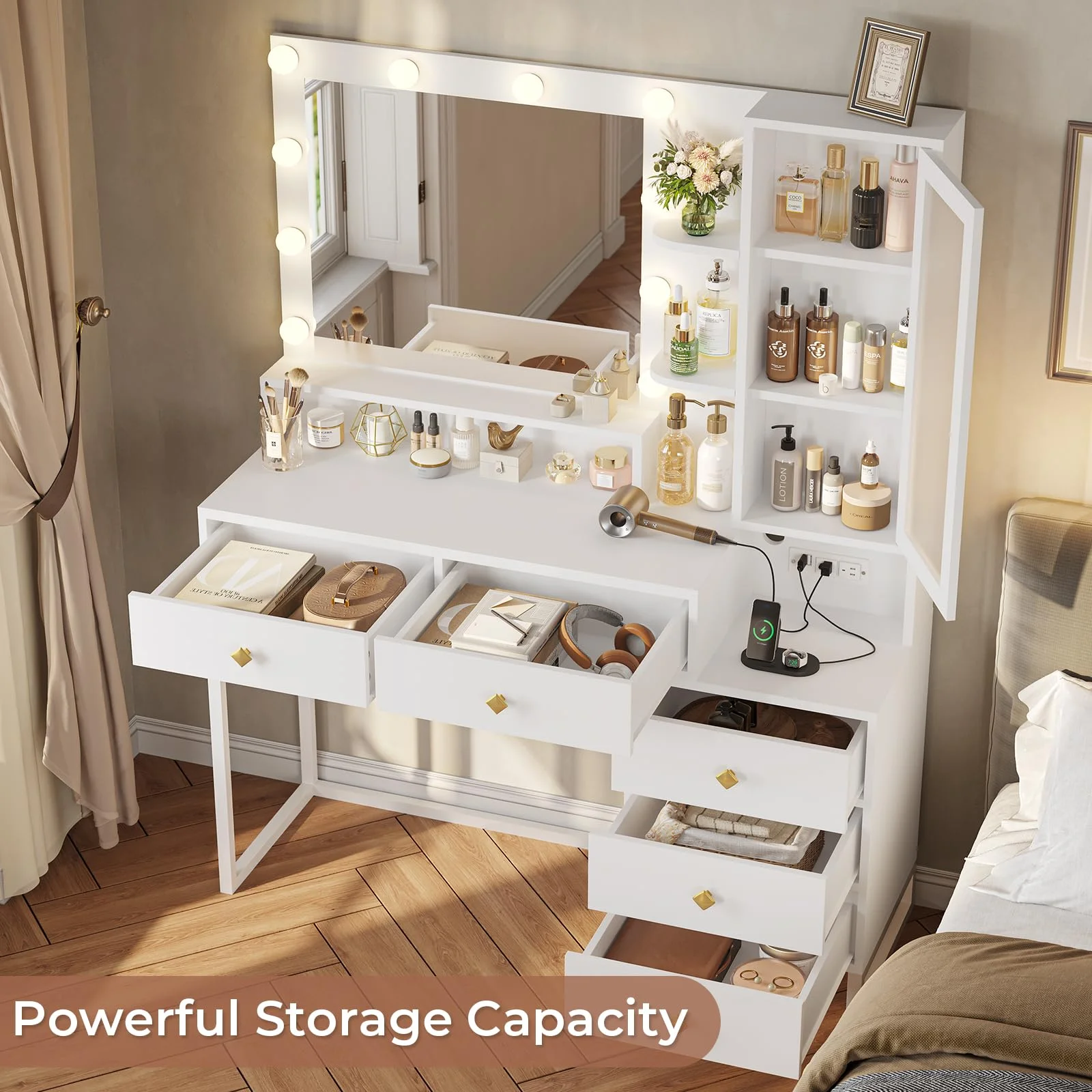 Afuhokles Large Makeup Vanity with Lights, Vanity Table with Charging Station Vanity Desk with Mirror and 10 LED Light Bulbs, 5 Drawers, White