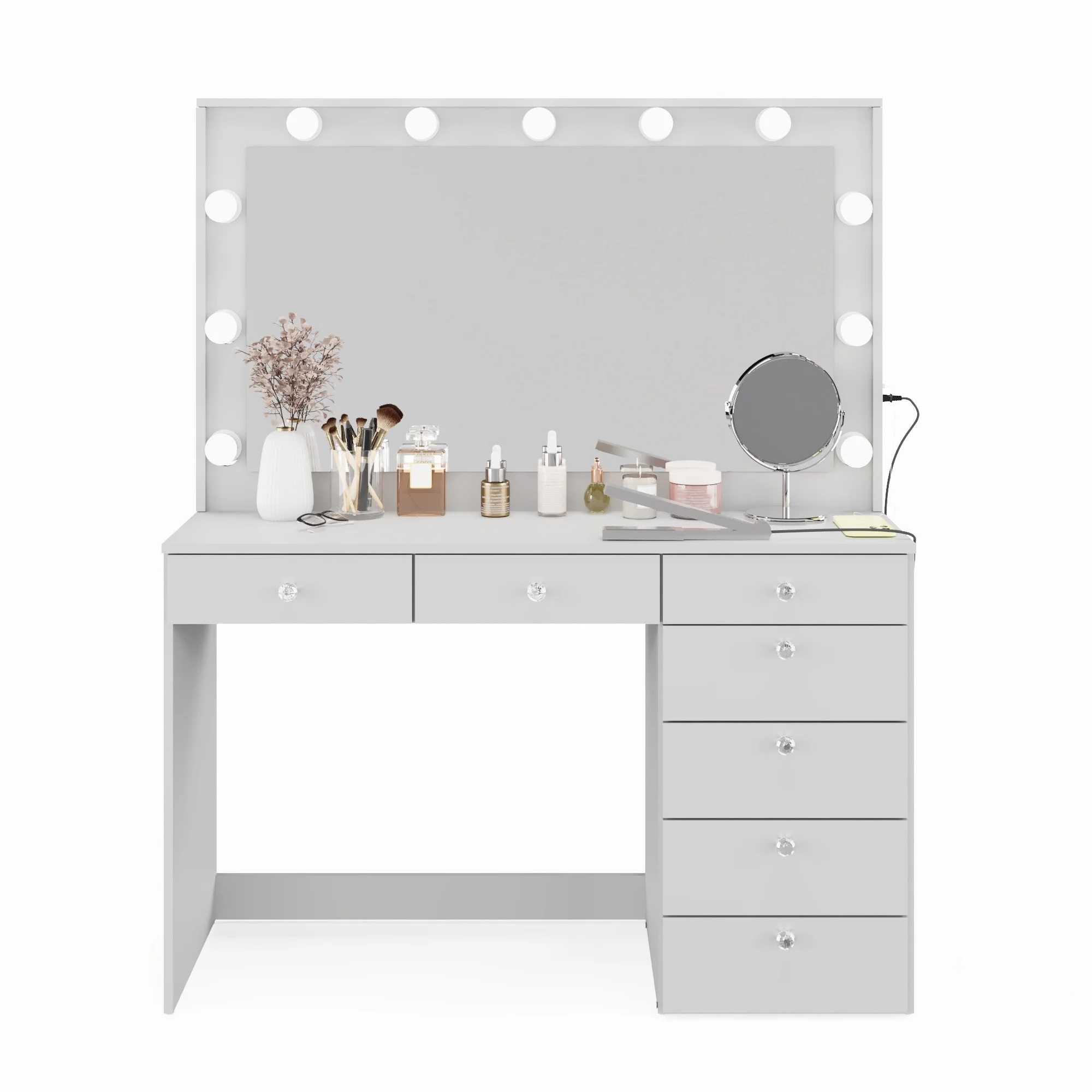 Boahaus GRWM Diana White Makeup Vanity with 7 Drawers, Mirror, Lights & Charging Station