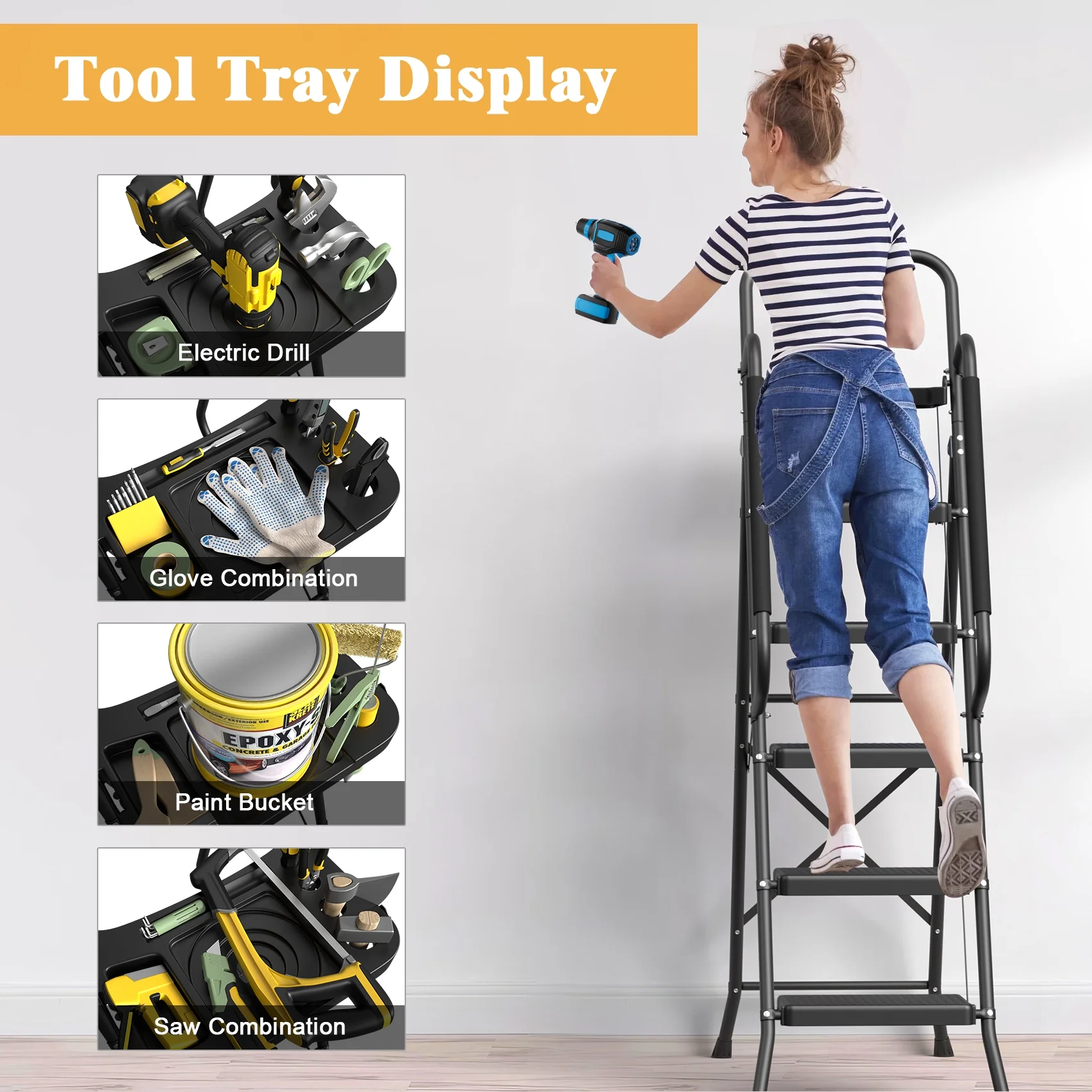 JOZ 5-Step Ladder, 350lbs Portable Folding Ladders for Home, with Handrails and Tool Tray and Anti-Slip Pedal, Black