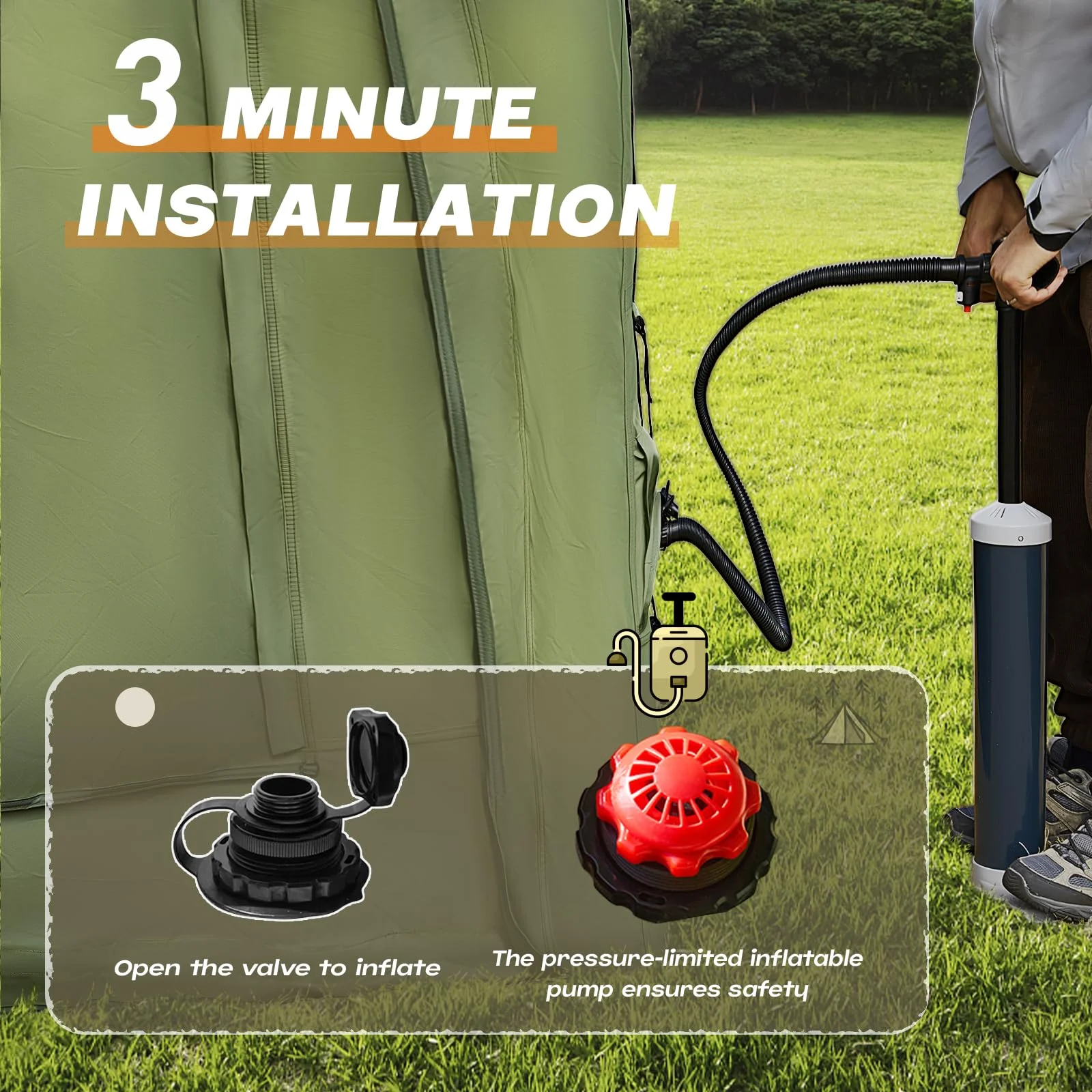 Yoleny 12'x8' Inflatable Tent, 96 SFT Blow Up Tent for Camping, 4 Season Oxford Glamping Tents with Clear Skylight, Pump & Stove Jack