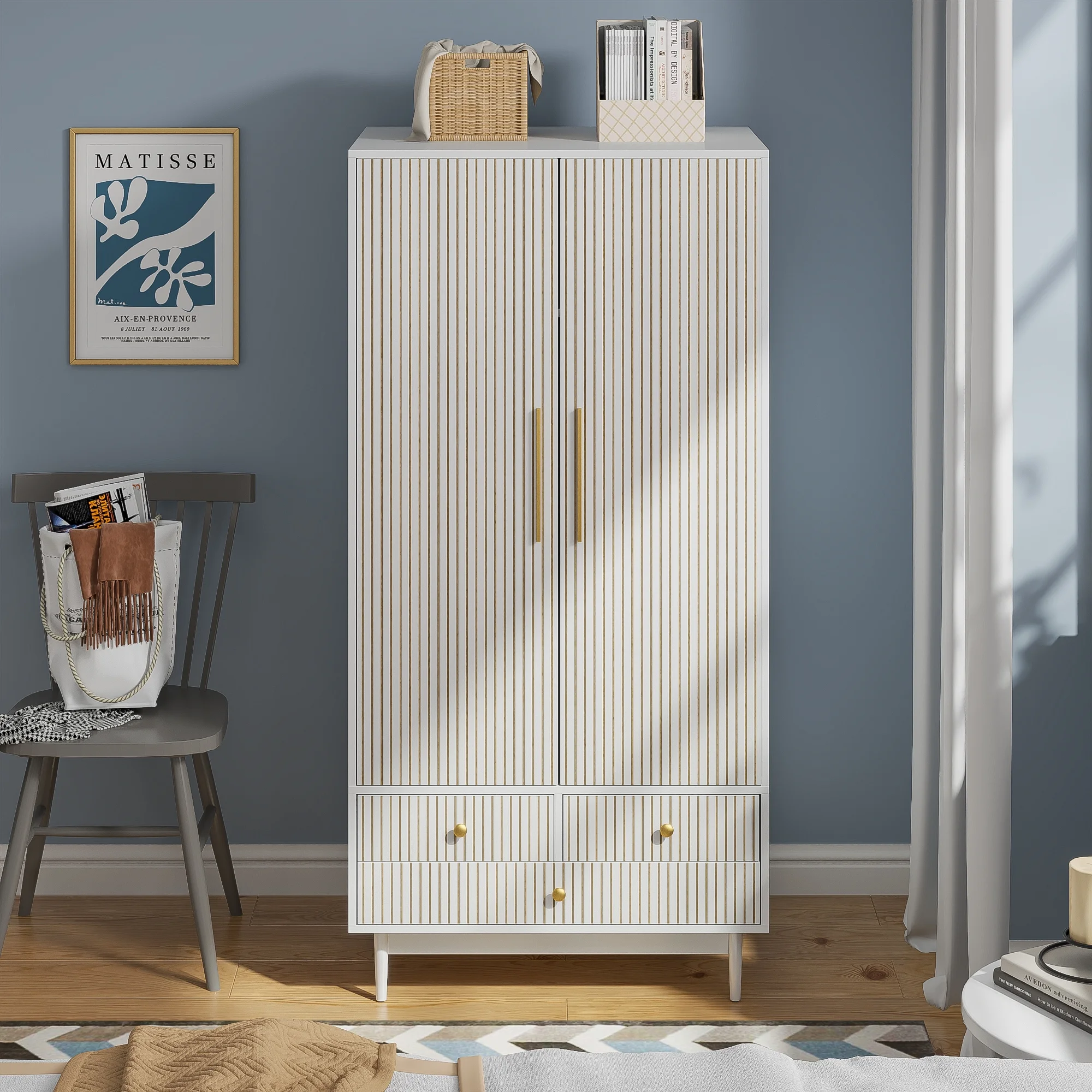 Armoire Wardrobe Closet, Closet Wardrobe Cabinet with Drawers and Hanging Rail for Bedroom, White