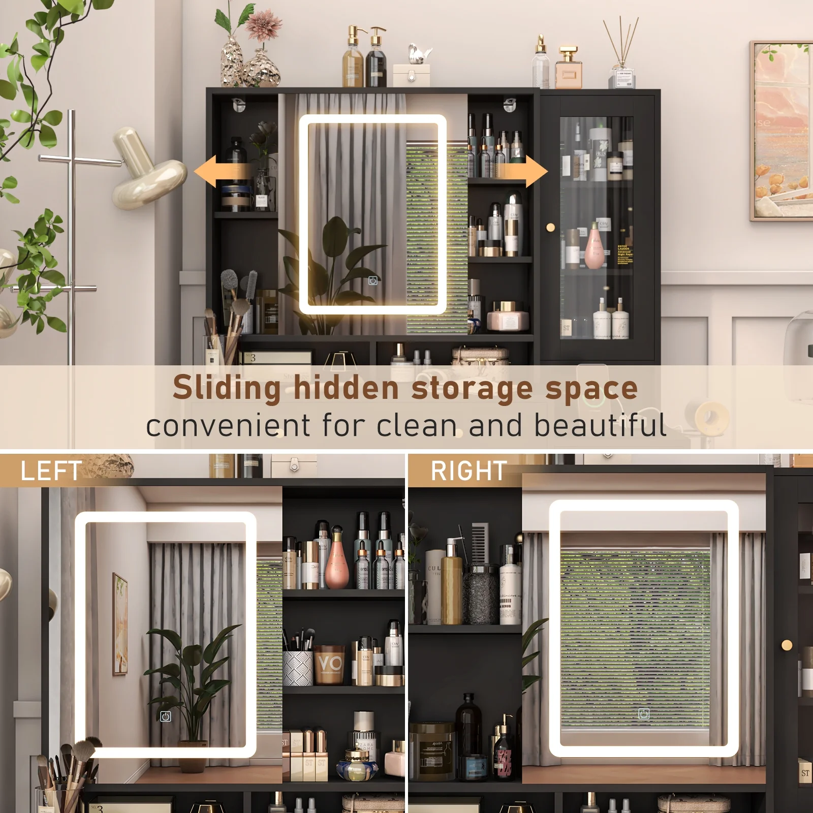 White Vanity Desk with Sliding Mirror & Lights, Vanity Table Makeup Desk with Charging Station 2 Drawers 2 Doors, Lots of Storage Shelves, Large Vanity Set with Cushioned Stool