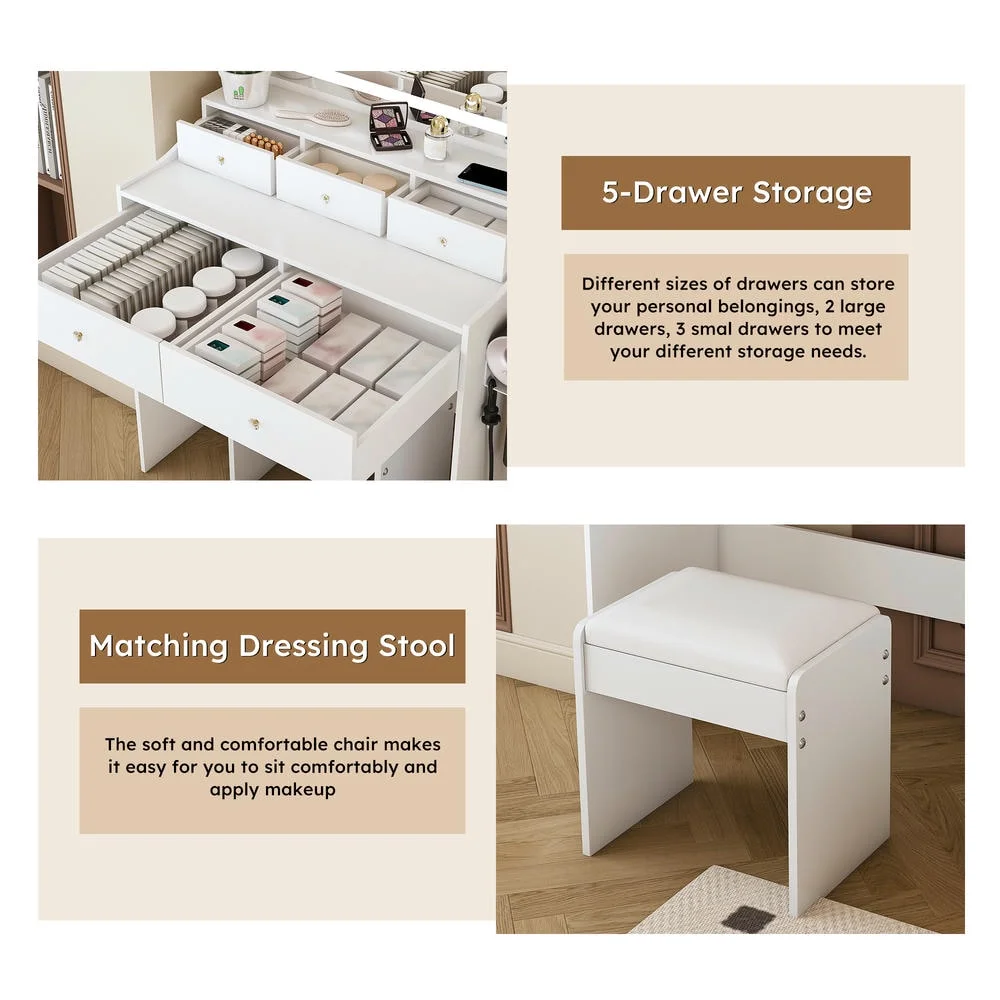 Kadyn Vanity Desk with Lighted Mirror, Vanity Table and Chair Set with 2 Drawers, Dressing Table Makeup Desk with 1 Door, Retro Gray