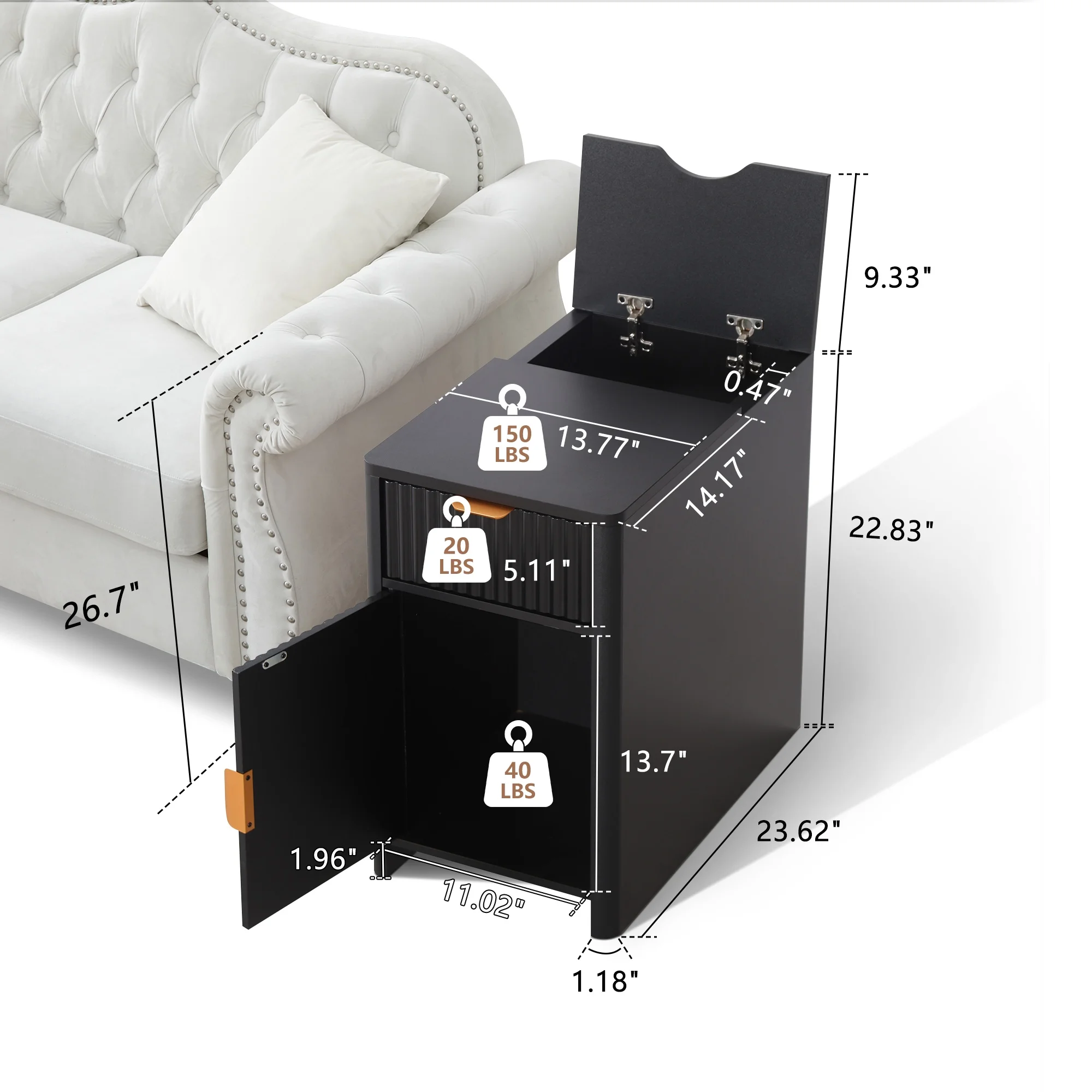 YOCWO Fluted Nightstand for Bedroom Set of 2 , Wood Bedside Table Set of 2 with Drawers, Black