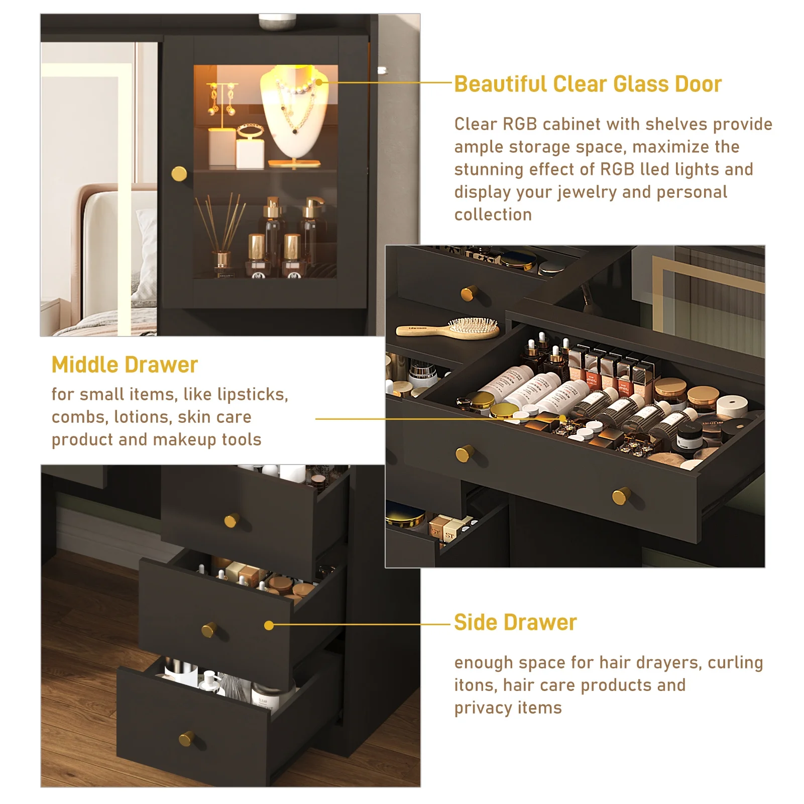 ChVans 62'' Large Vanity Desk with Tempered Glass Top, 60000-color LED Lights, Charging Station, White Makeup Vanity with 3 Lights Mode LED Mirror, 9 Drawers, 2 RGB cabinets for Women, Girls Gift