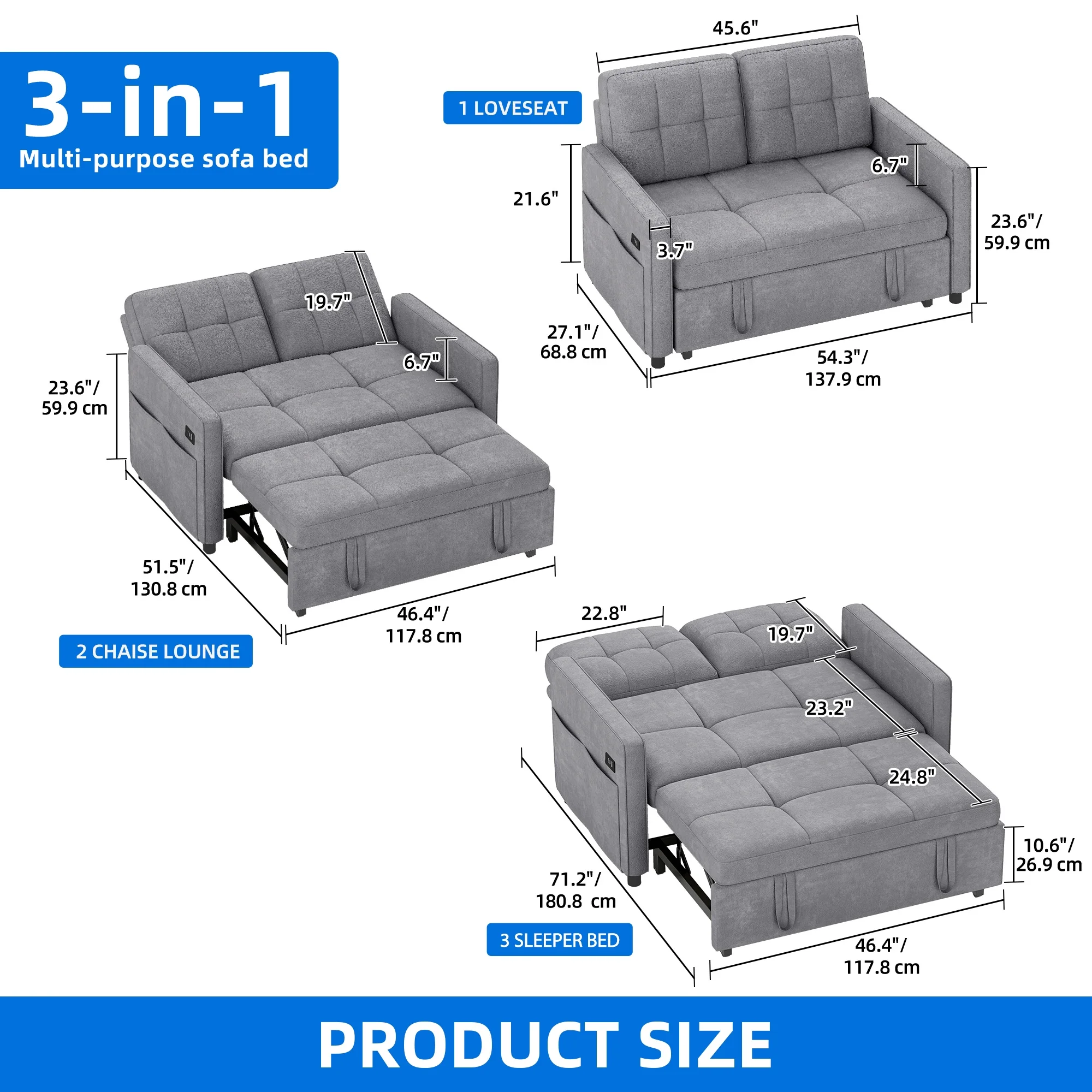 Dextrus  3-in-1 Convertible Futon Sofa Bed, Modern Sleeper Sofa with Pull-Out Bed for Small Place, Beige