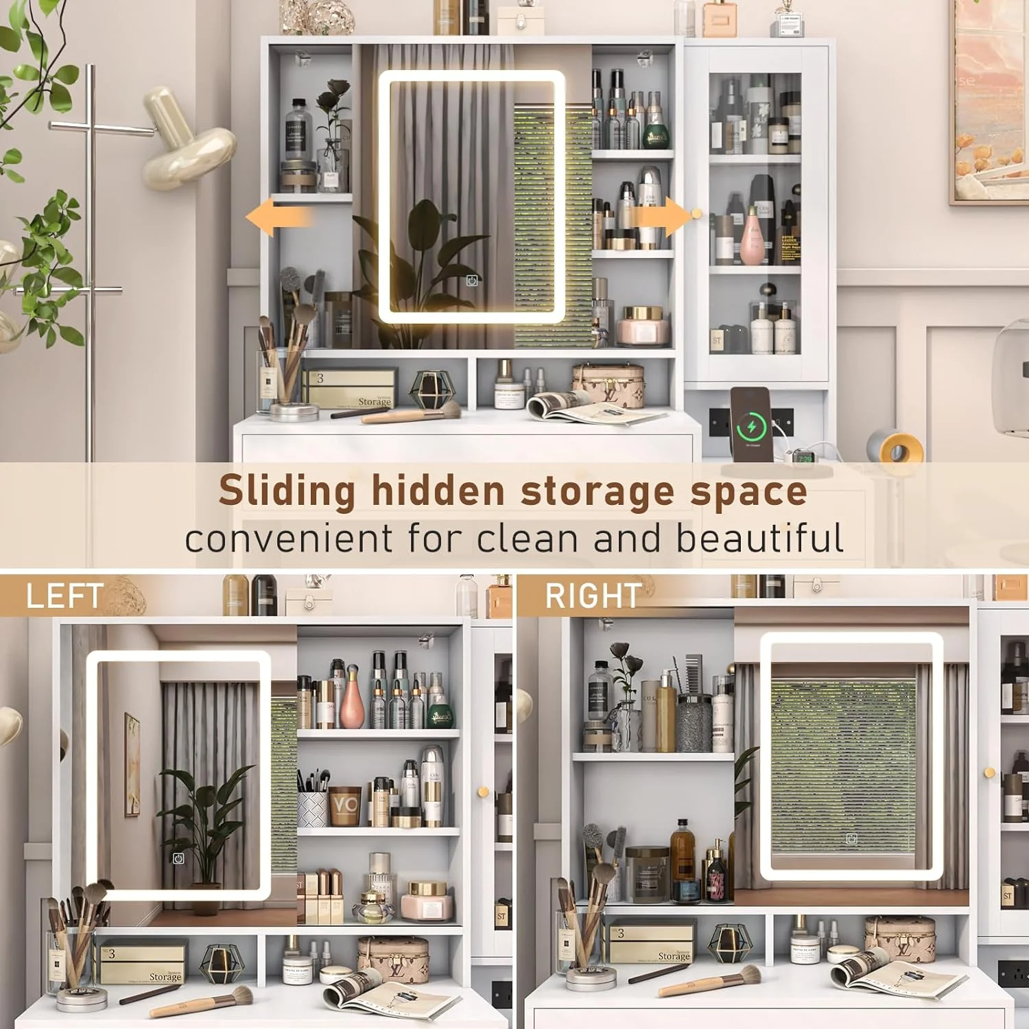 White Vanity Desk with Sliding Mirror & Lights, Vanity Table Makeup Desk with Charging Station 2 Drawers 2 Doors, Lots of Storage Shelves, Large Vanity Set with Cushioned Stool