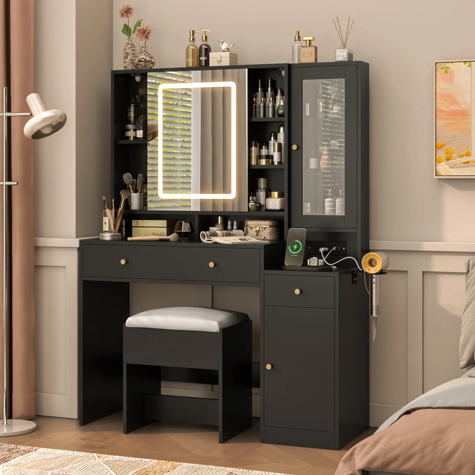 White Vanity Desk with Sliding Mirror & Lights, Vanity Table Makeup Desk with Charging Station 2 Drawers 2 Doors, Lots of Storage Shelves, Large Vanity Set with Cushioned Stool