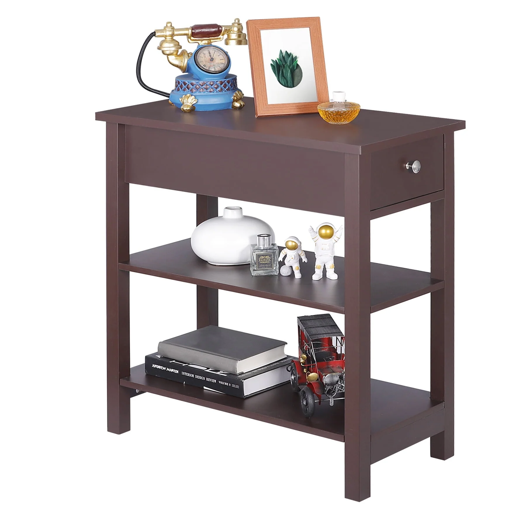 HomGarden 3 Tier Small End Table Modern Narrow Rectangle Sofa Side Table W/Drawer, Espresso