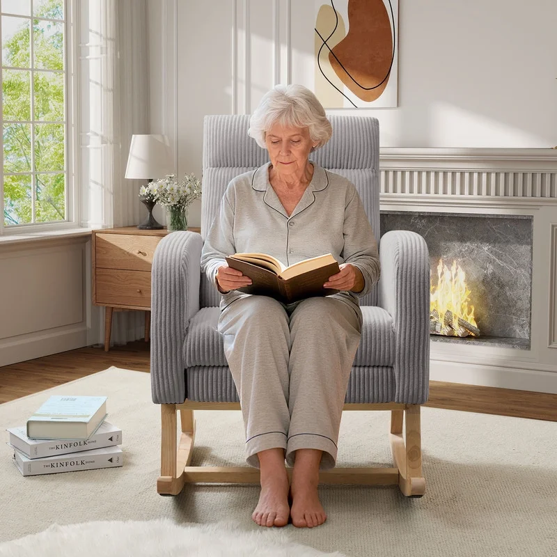 FFH Rocking Chair Nursery, Tufted Accent Rocker Chair, Upholstered Armchair with Adjustable Footrest, Side Pocket, High Backrest, Padded Seat, Polyester Blend (Retro, Dark Gray)