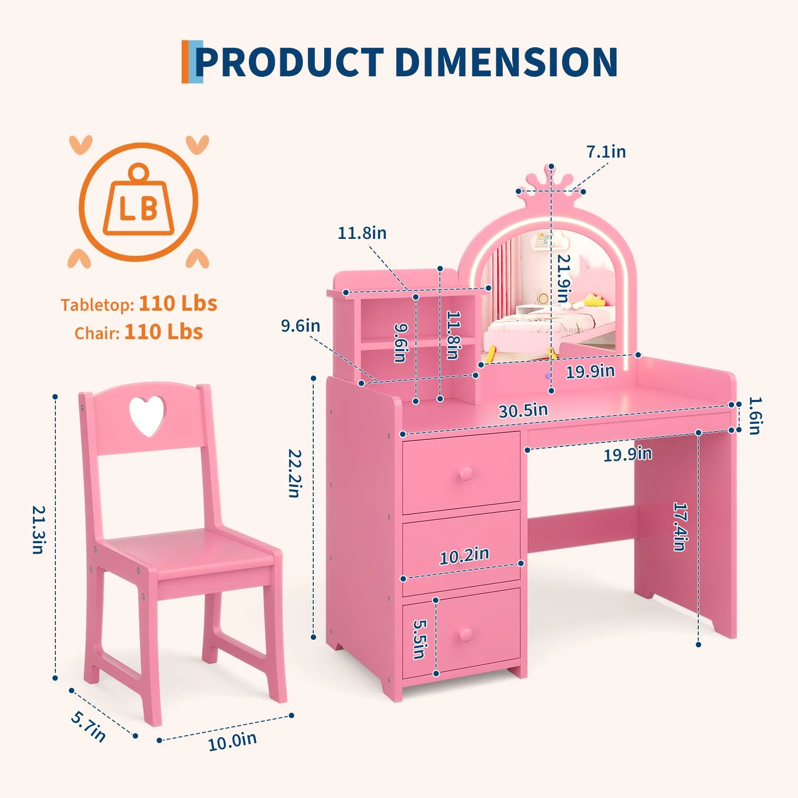 Yeshouse Princess Girls Makeup Vanity Table Set with Storage & Lights