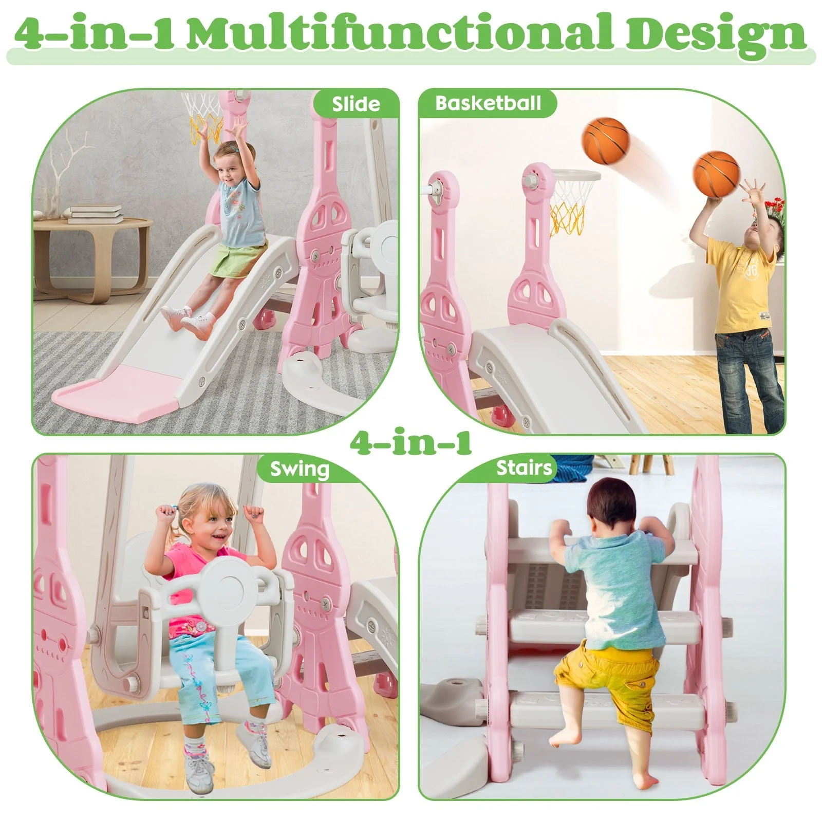 Ealing   4 in 1  Slide and Swing Set for Toddler  Indoor and Outdoor Baby Slide Climber Playset  with Basketball Hoop &  Backyard Playground Swing Slide for Boys and Girl Slide length: 11.02' L Pink