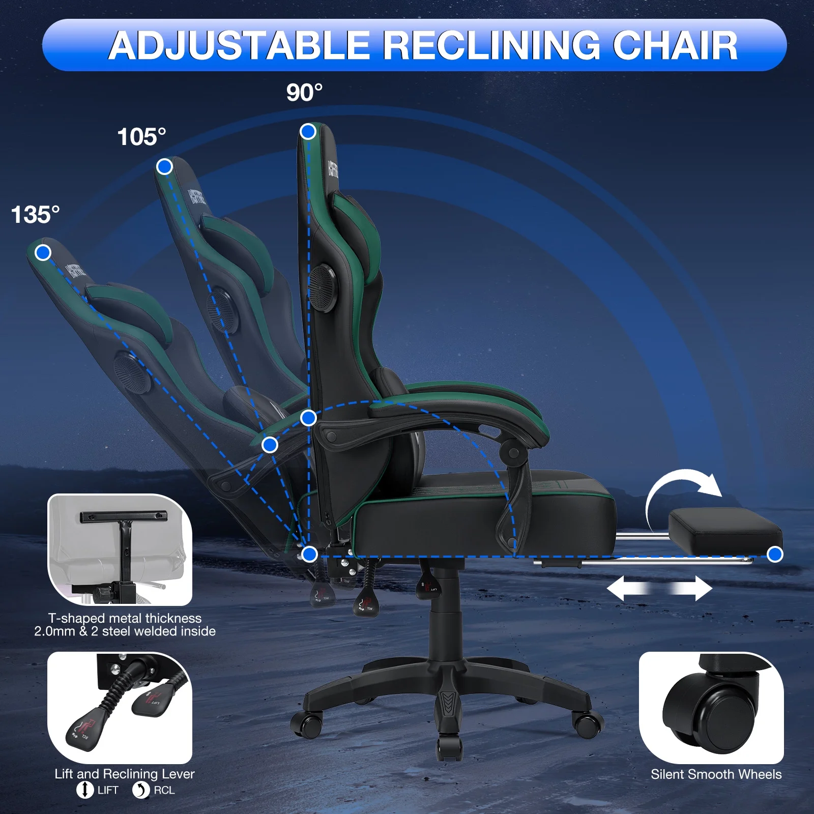 Hoffree Gaming Chair with Speakers PU Gamer Chair with footrest and massage Egonomic Computer Game Chair with Headrest and Lumbar Support for Adults and Office Gaming, 440 LBS