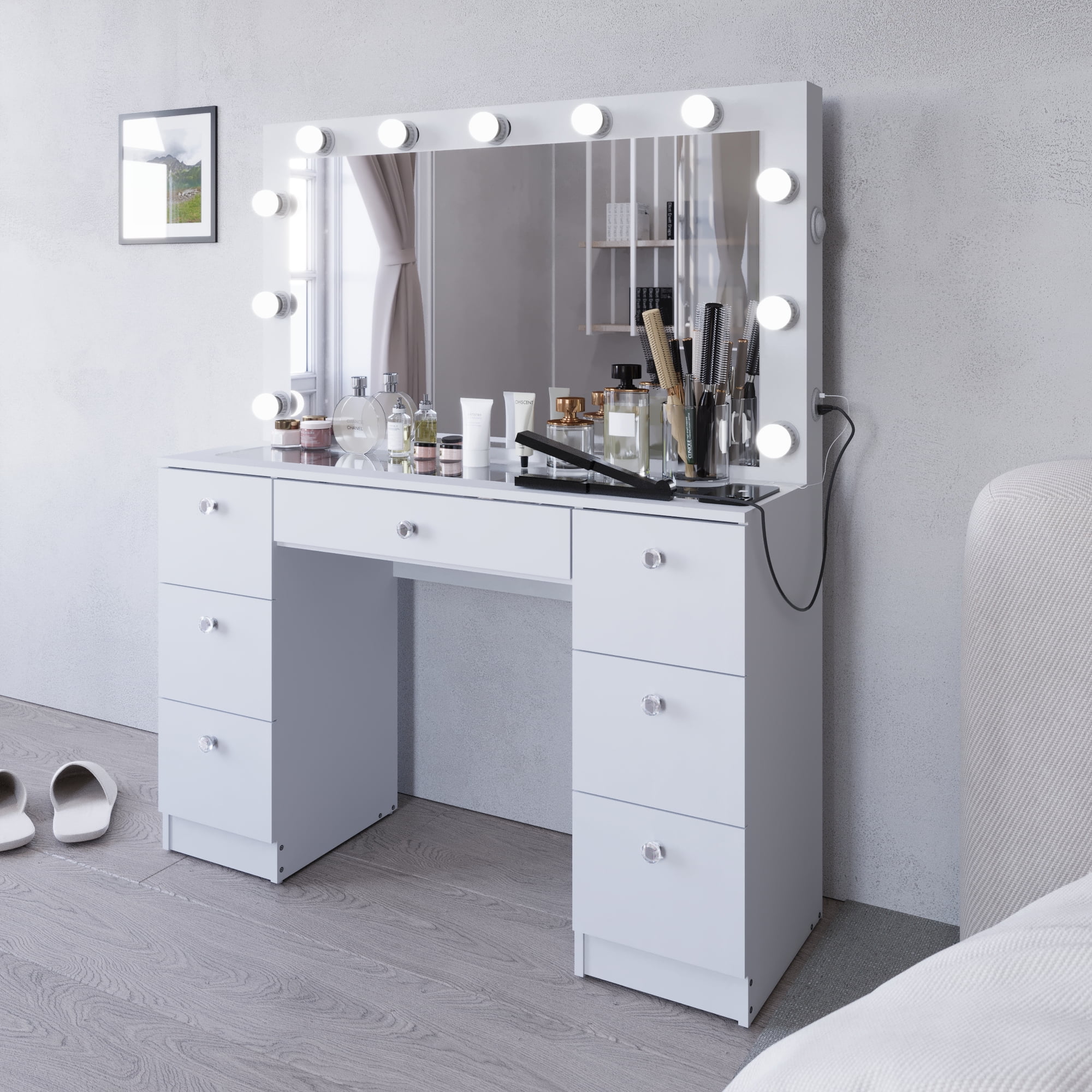 Ember Interiors Ibbie White Makeup Vanity with Glass Top, Lights, Charging Station